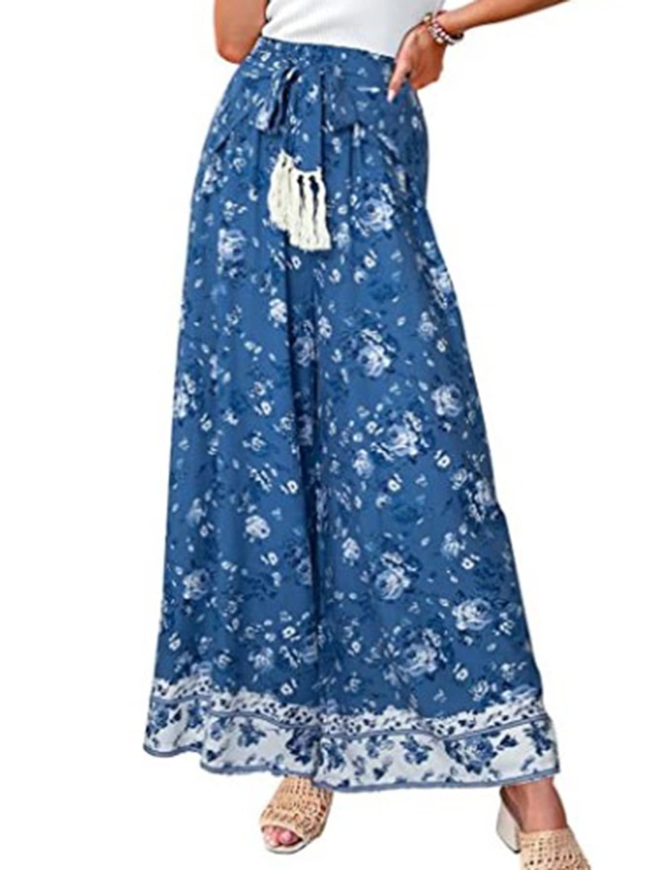 GRACEVINESWomen’s Summer Boho Floral Wide Leg Pants Elastic High Waist Loose Casual Beach Palazzo Pants with Belt