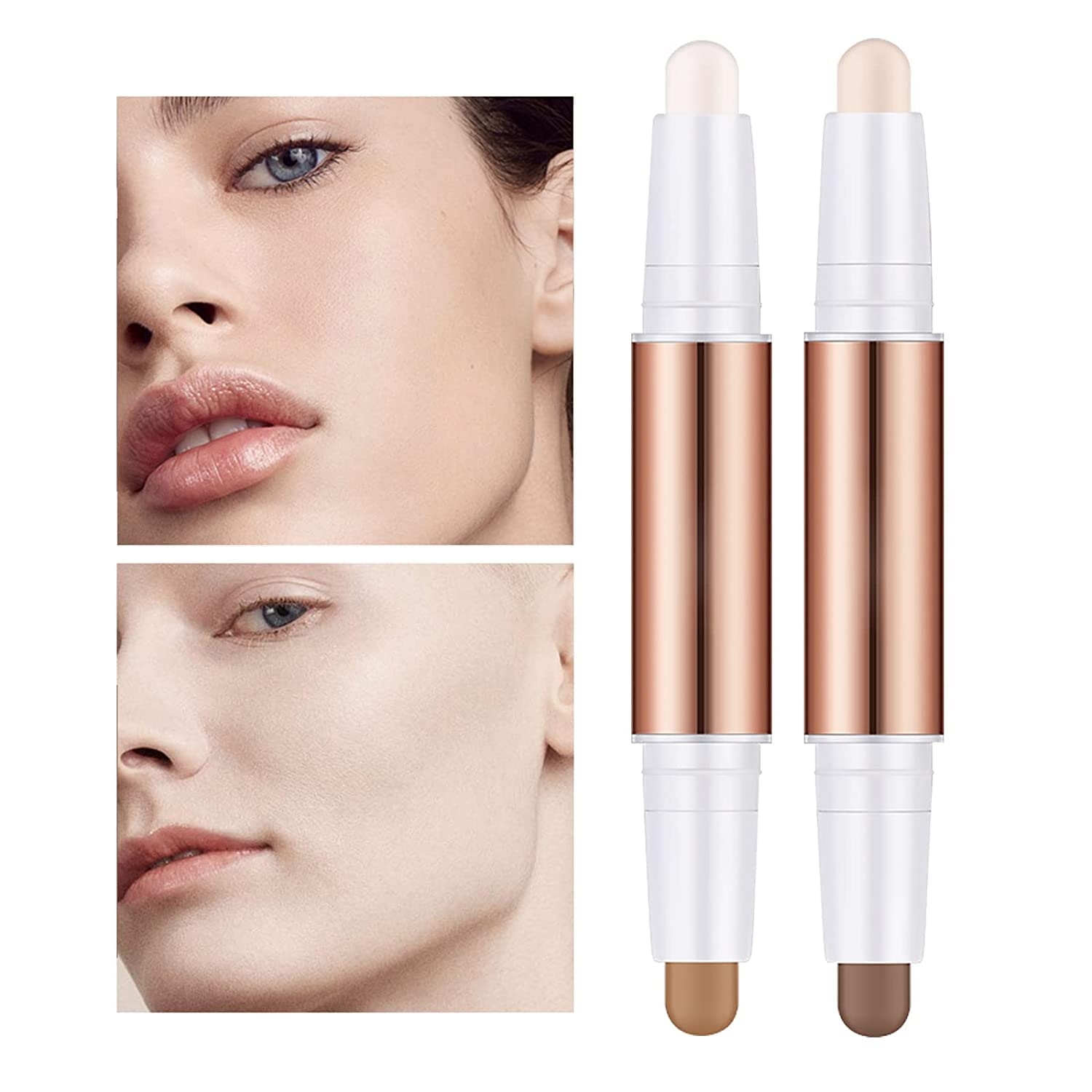 ExceforeHighlight Contour Stick, Dual-End Makeup Shading Stick, 4 Colors Face Concealer Pen, Long Lasting & Waterproof Contour Sticks Kit, Brighten Facial Shade for Body Face 2PCS