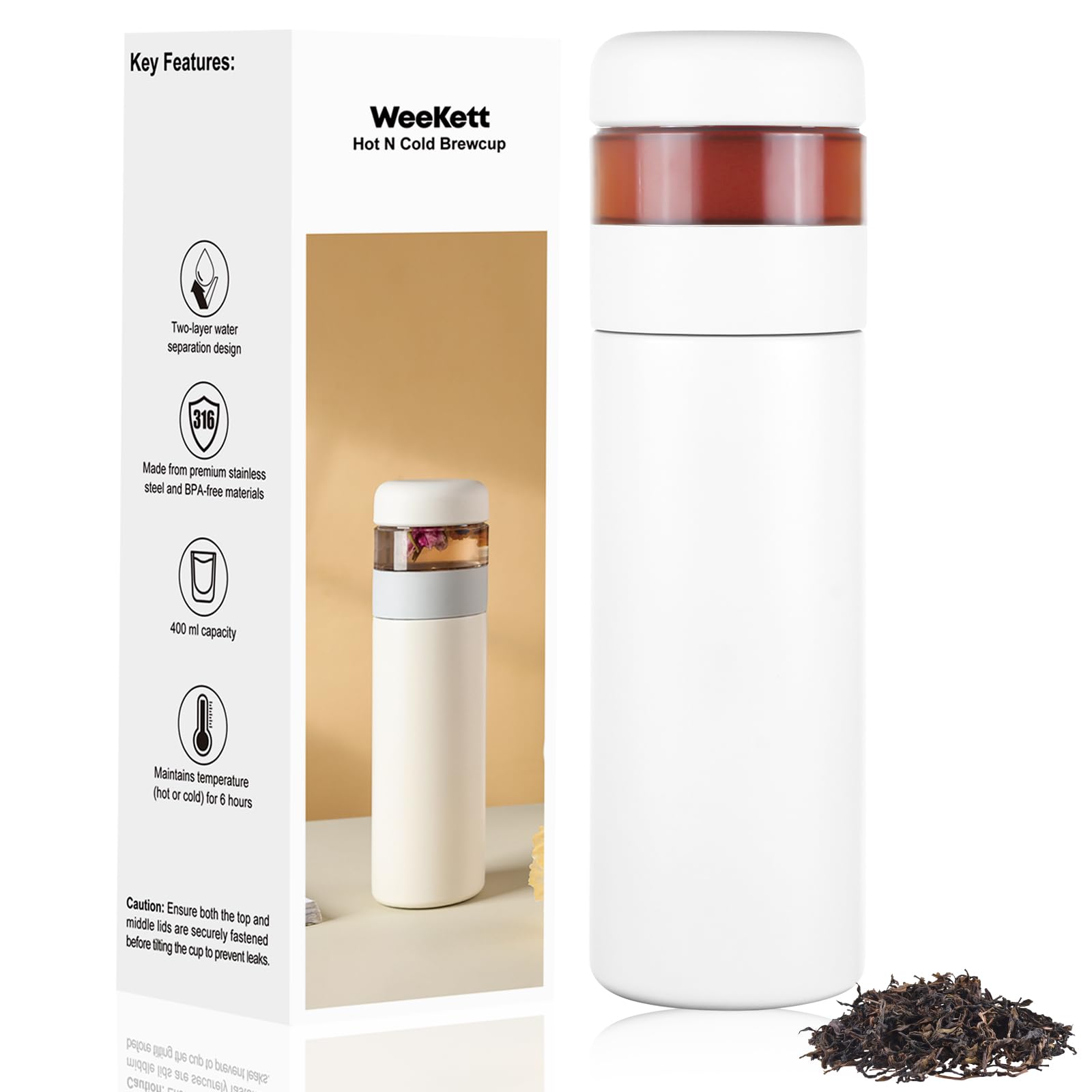 BrewCup Tea Infuser Thermal Bottle WeeKett Stainless Steel 400ml Leakproof and Double Wall Vacuum Travel Mug (White)