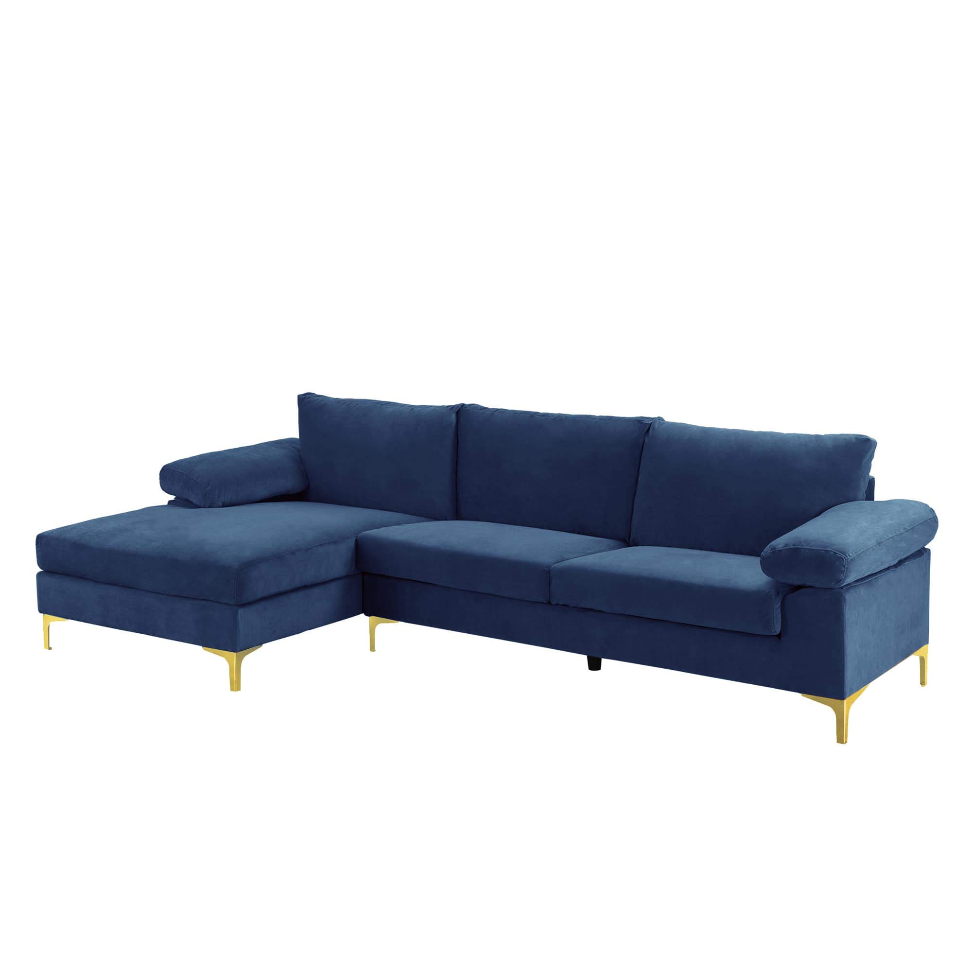 Casa Andrea Milano Modern Large Velvet Fabric Sectional Sofa Couch with Extra Wide Chaise Lounge with Golden Legs, L Shaped, Navy Blue