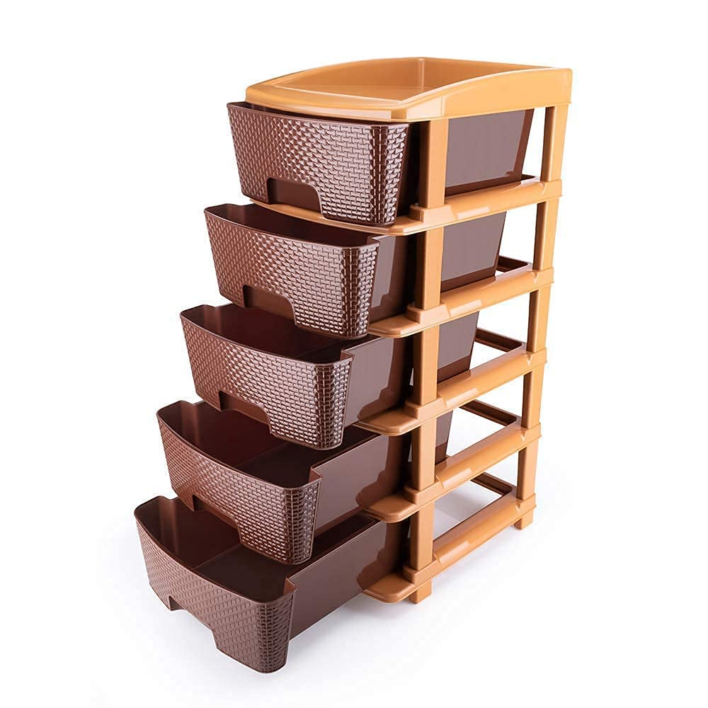 RYLAN Plastic Modular Drawer Storage Chest Of Drawers Organizer Storage Box, Large Stomo Racks For Multipurpose Anti-slip Shoes Organizers | Brown | 5 Layer