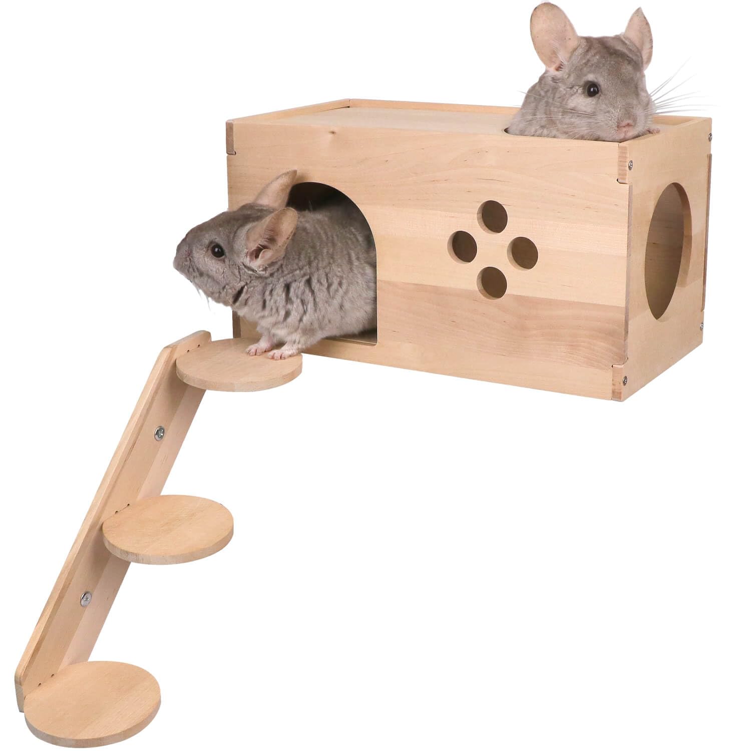 Chinchilla Wooden House with Ladder - Small Animal Hideout for Chinchilla Squirrel or Sugar Gliders - Ventilated Wooden Chinchilla Hut Hideout with Multiple Doors