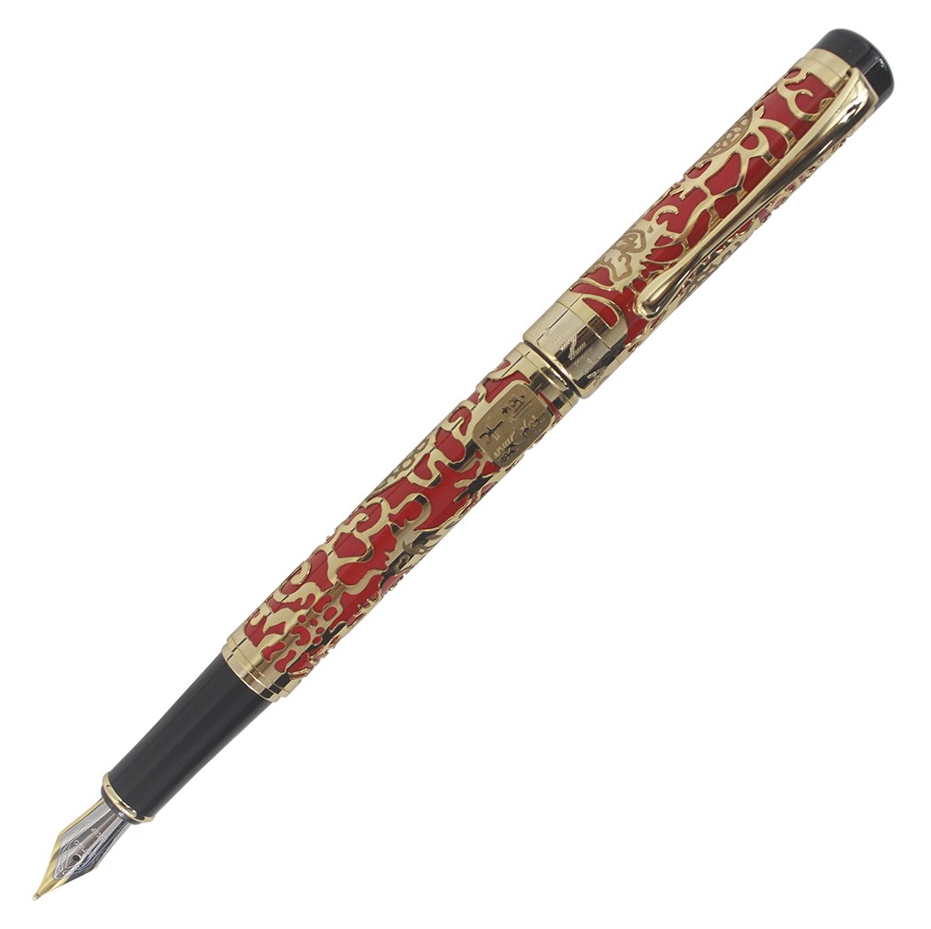 Abcsea Golden Chinese Dragon Embossed Medium Nib Fountain Pen - Red