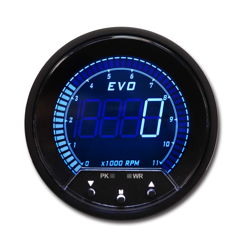 MOTOR METER RACINGEVO Series 85mm 3-3/8" Digital Tachometer 11000 RPM Blue Red White Green LED Backlit Peak Recall Warning Function