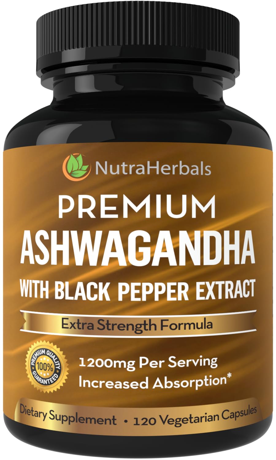 NUTRAHERBALSOrganic Ashwagandha Root Powder 1200mg 120 Veggie Capsules Black Pepper Extract for Increased Absorption