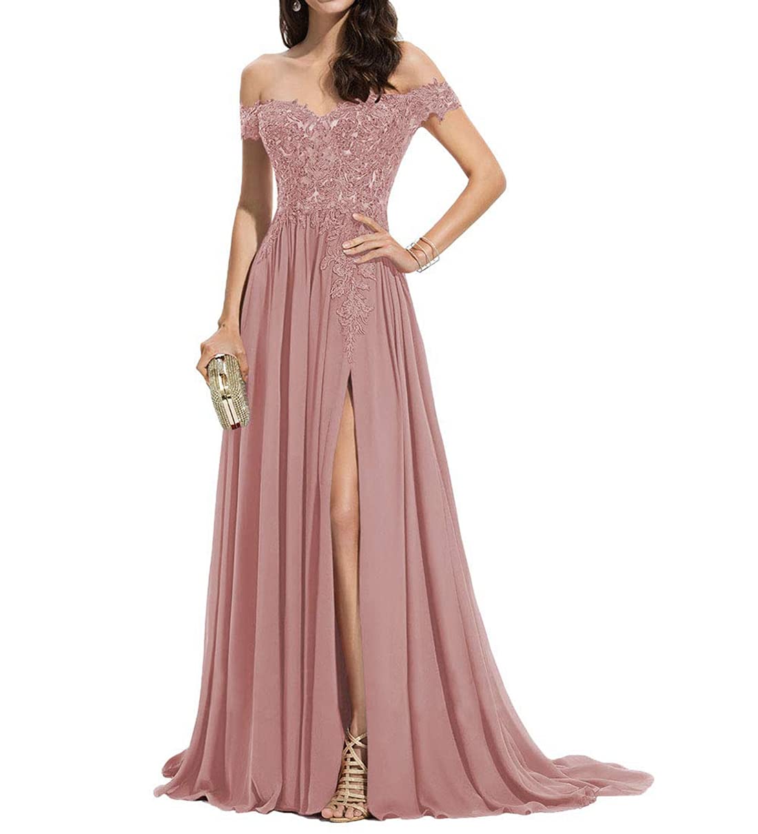 Women's Off Shoulder Bridesmaid Dresses Chiffon Lace A-Line Long Formal Evening Party Gowns with Slit LYQ08