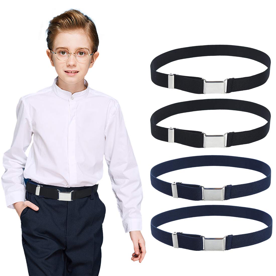 4PCS Kids Boys Elastic Buckle Belt - Adjustable Belt with Silver Square Buckle (2pcs Black/2pcs Navy Blue)