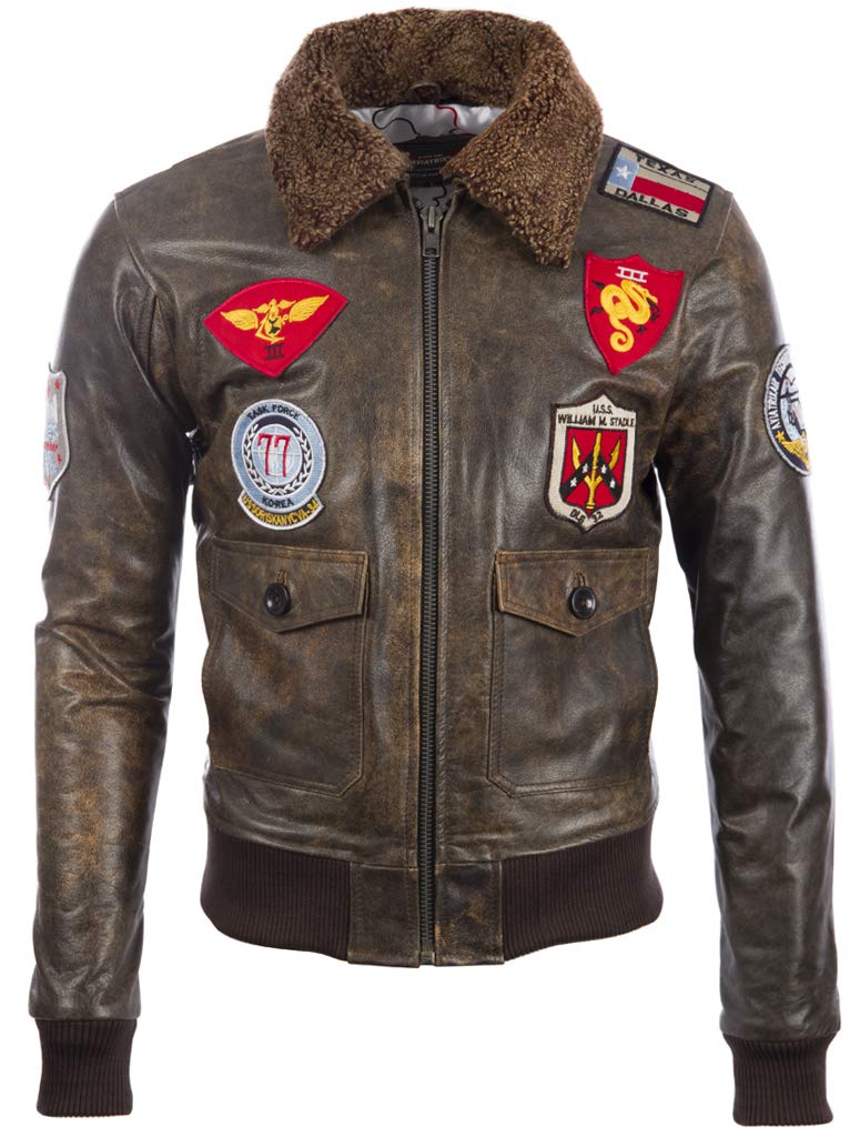 AviatrixMen's Real Leather Vintage Pilot Flight Bomber Patch Jacket (TM72)