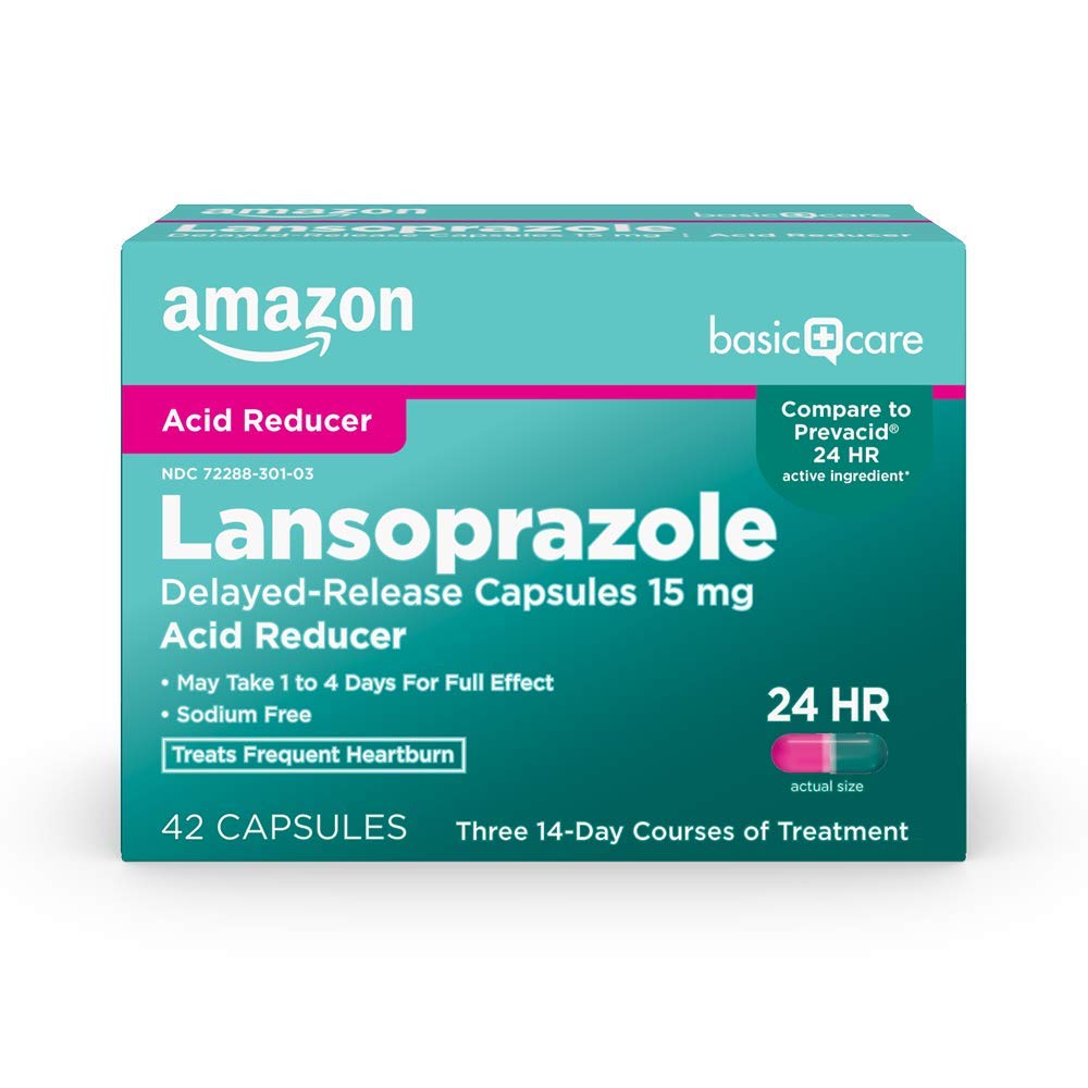 Amazon Basic Care Lansoprazole Delayed Release Capsules, 15 mg, Proton Pump Inhibitor, 24 Hour Heartburn Medicine, 42 Count