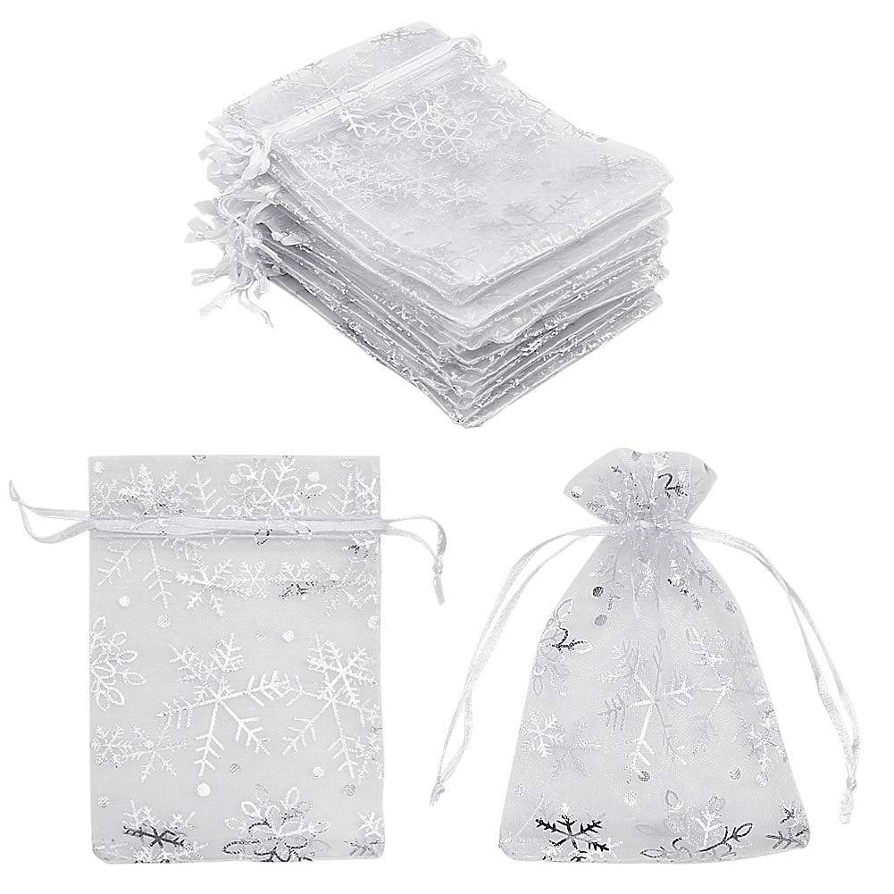 HRX Package 100pcs Snowflake Organza Gift Bags Christmas 3.9 x 5.9 inch, Small White Mesh Jewelry Pouches Little Drawstring Candy Bags