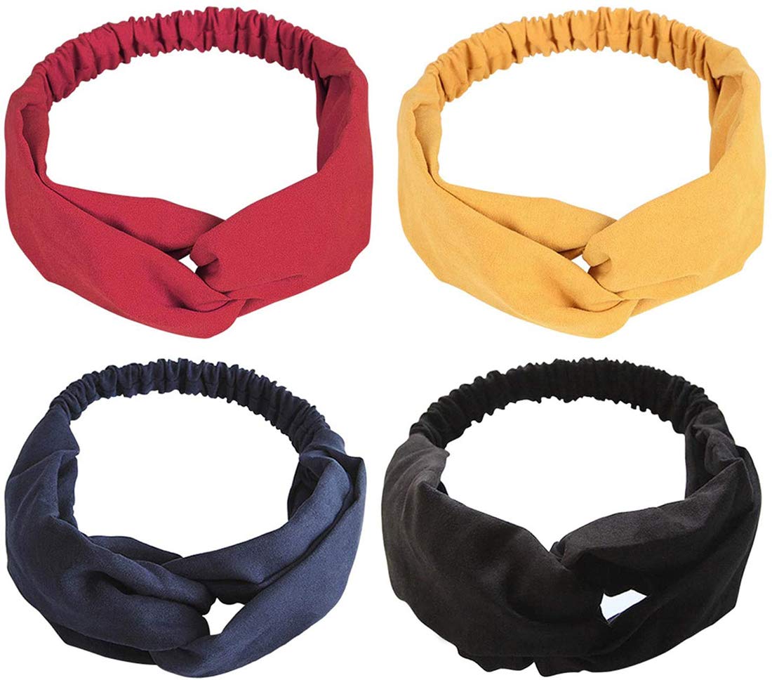 Diagtree 4 Pcs Head Accessories Headbands Vintage Elastic Head Wrap Hair Bands Stretchy Hairband Twisted Cross-Head Scarf Solid Color Wide-Brimmed Headbands for Women Head Accessories