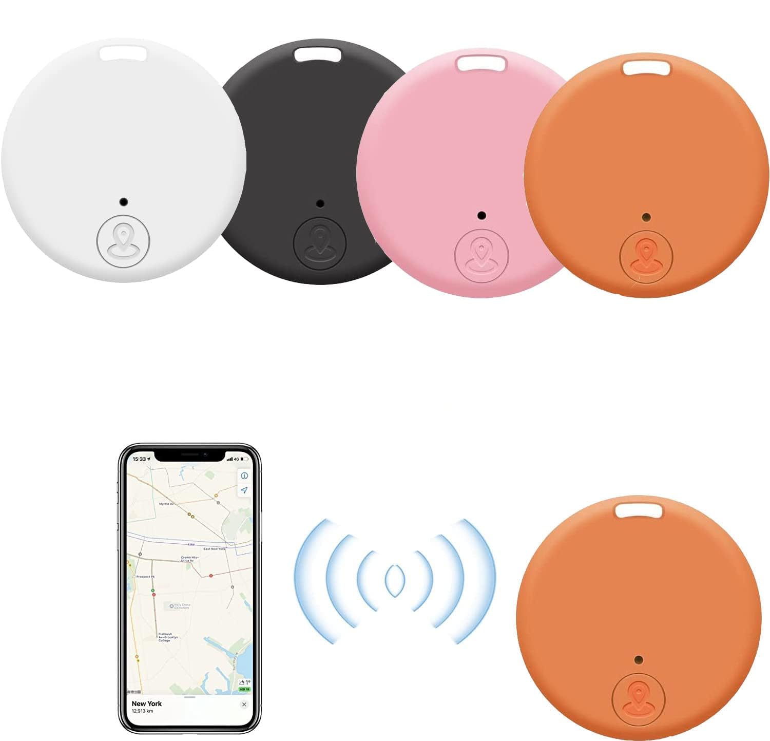 4 Pack Bluetooth Key Finder Locator, Mini Anti Lost Item Finder Tag Key Tracker Alarm For Pet, Key, Wallet, Luggage, Compatible With Ios And Android, with Key Ring (White, Black, Pink, Oranger, Round)