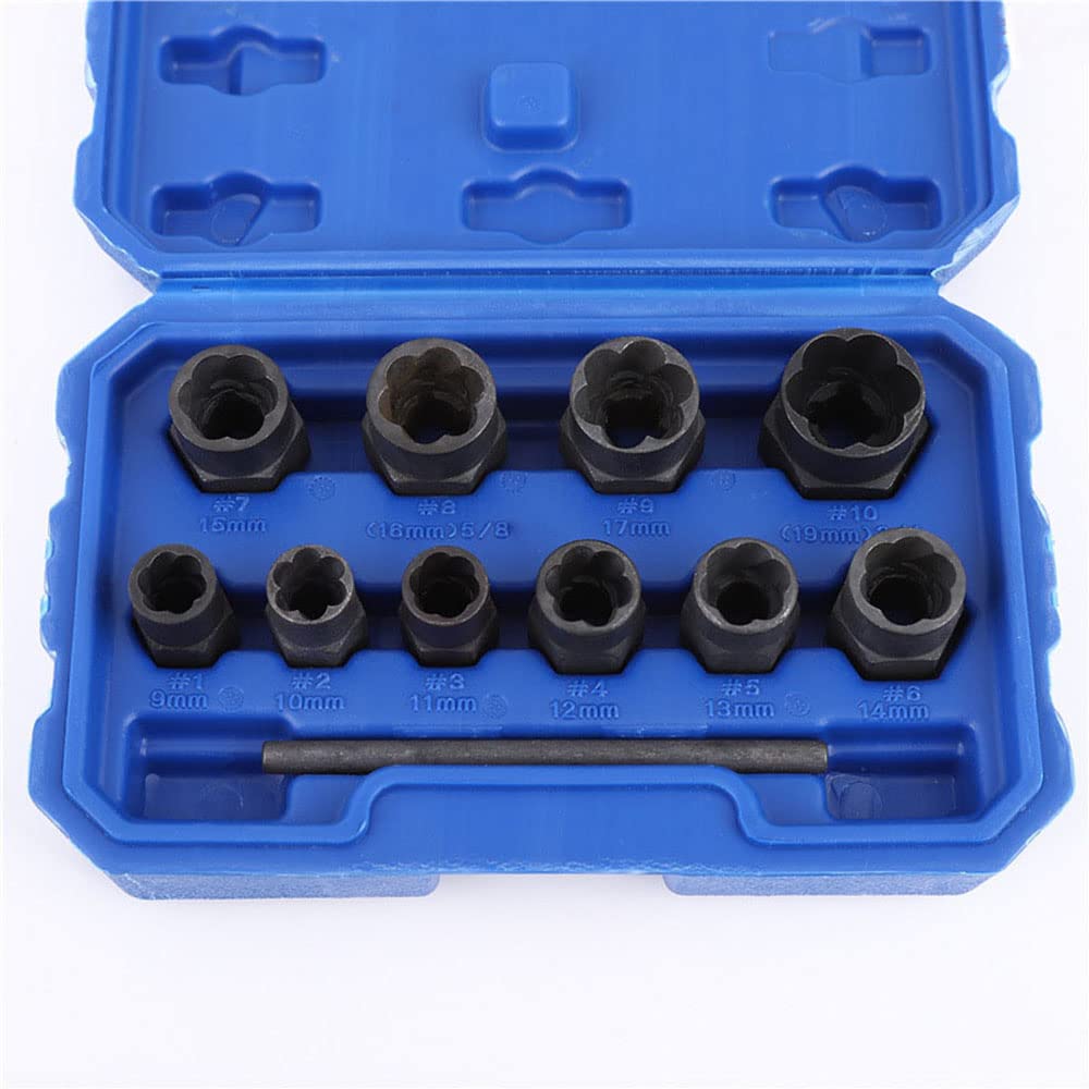 LSLANSOON 11pcs Twist Socket Set, 9-19mm Lug Nut Remover Set Damaged Bolt Screw Nut Extractor Tool Set Including a Punch Rod