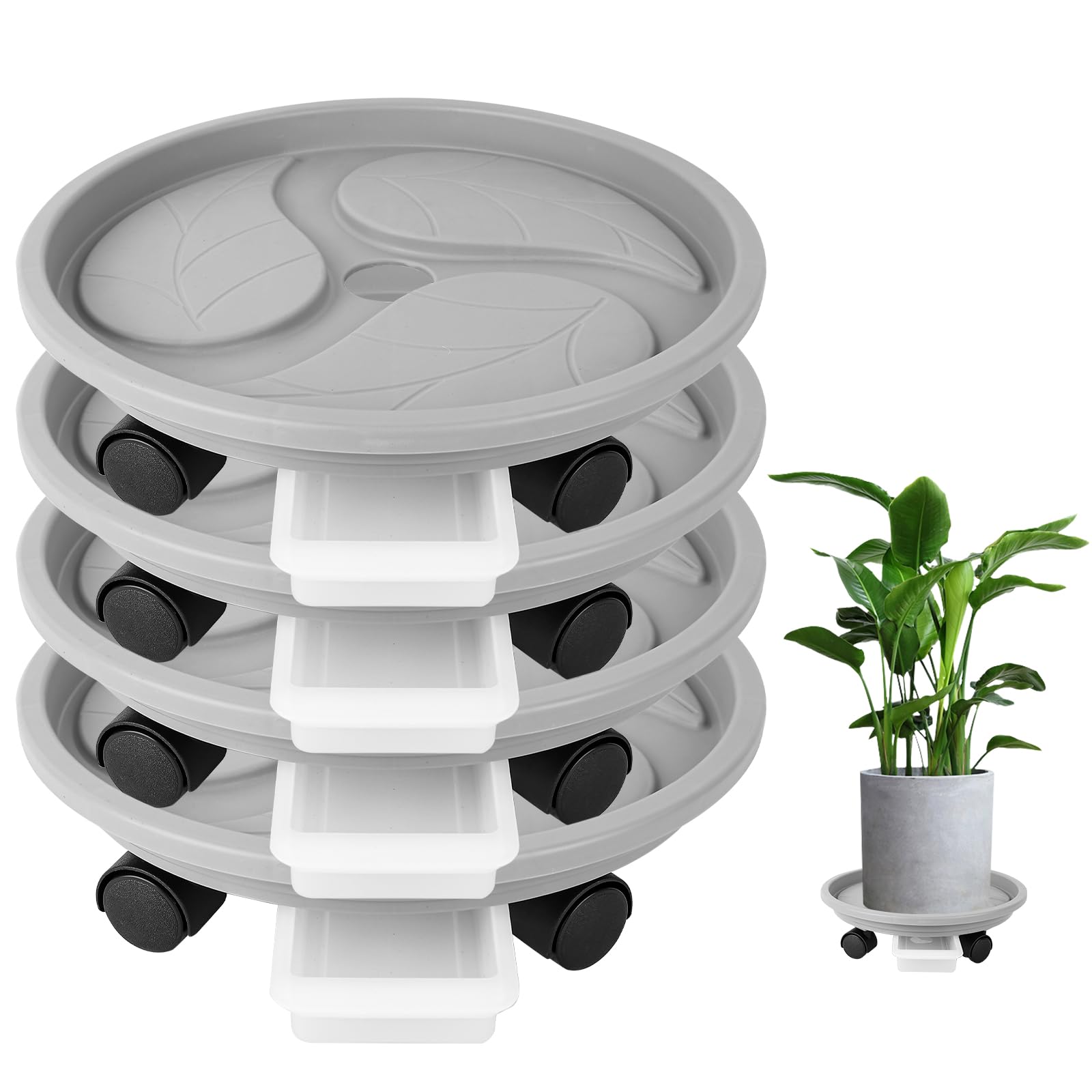 4pcs 13inch Plant Caddy with Built-in Water Container and 4pc 360° Rotating Wheels, Garden Rolling Planter Trolley, Load Capacity 110 lbs