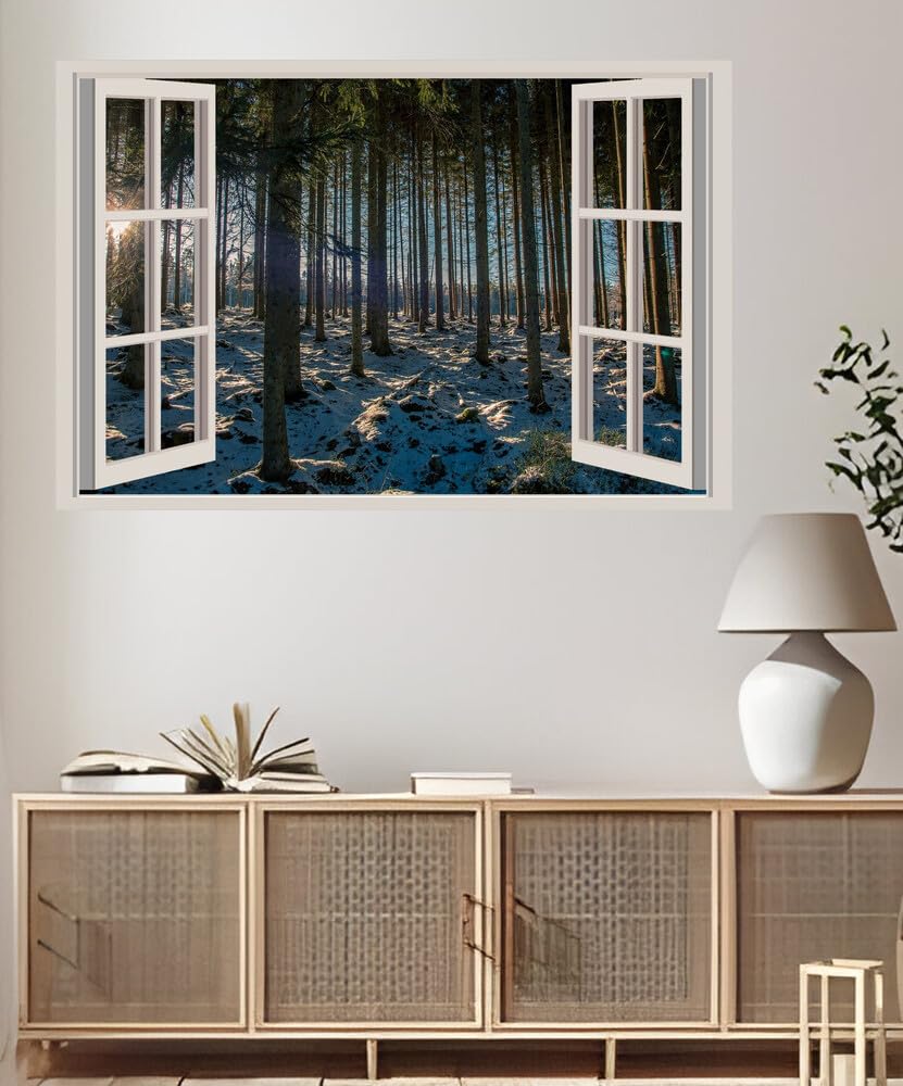 JVERF - JZZA21030 Forests Trees Snow Sun| Self-Adhesive Open Window Wall Sticker