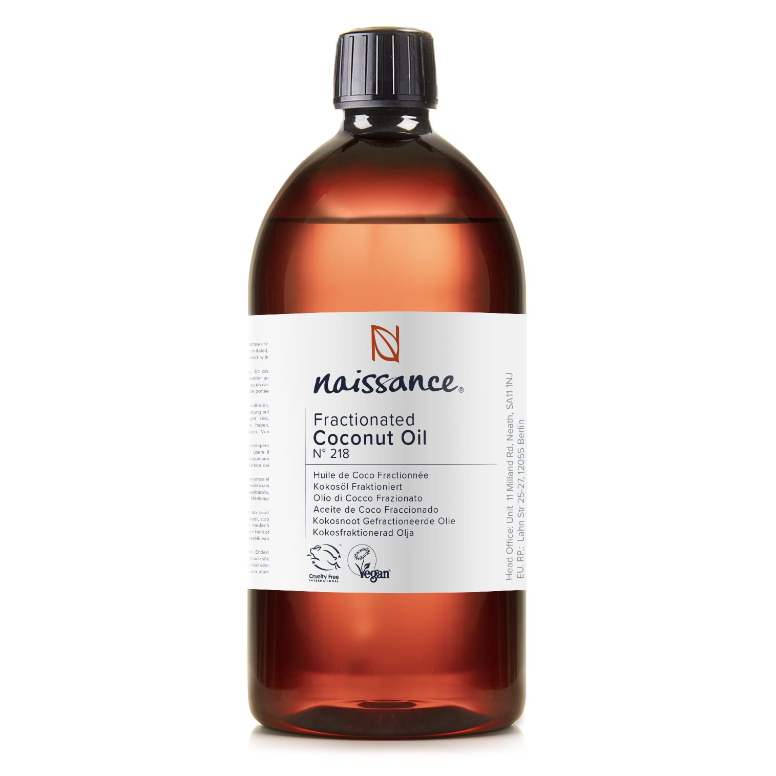 Naissance Liquid Fractionated Coconut Oil (No. 218) - 870ml - 100% Pure Natural for Skin, Hair, Lip Gloss, DIY Beauty Recipes, Aromatherapy, Massage, Cuticules - Cruelty Free, Vegan