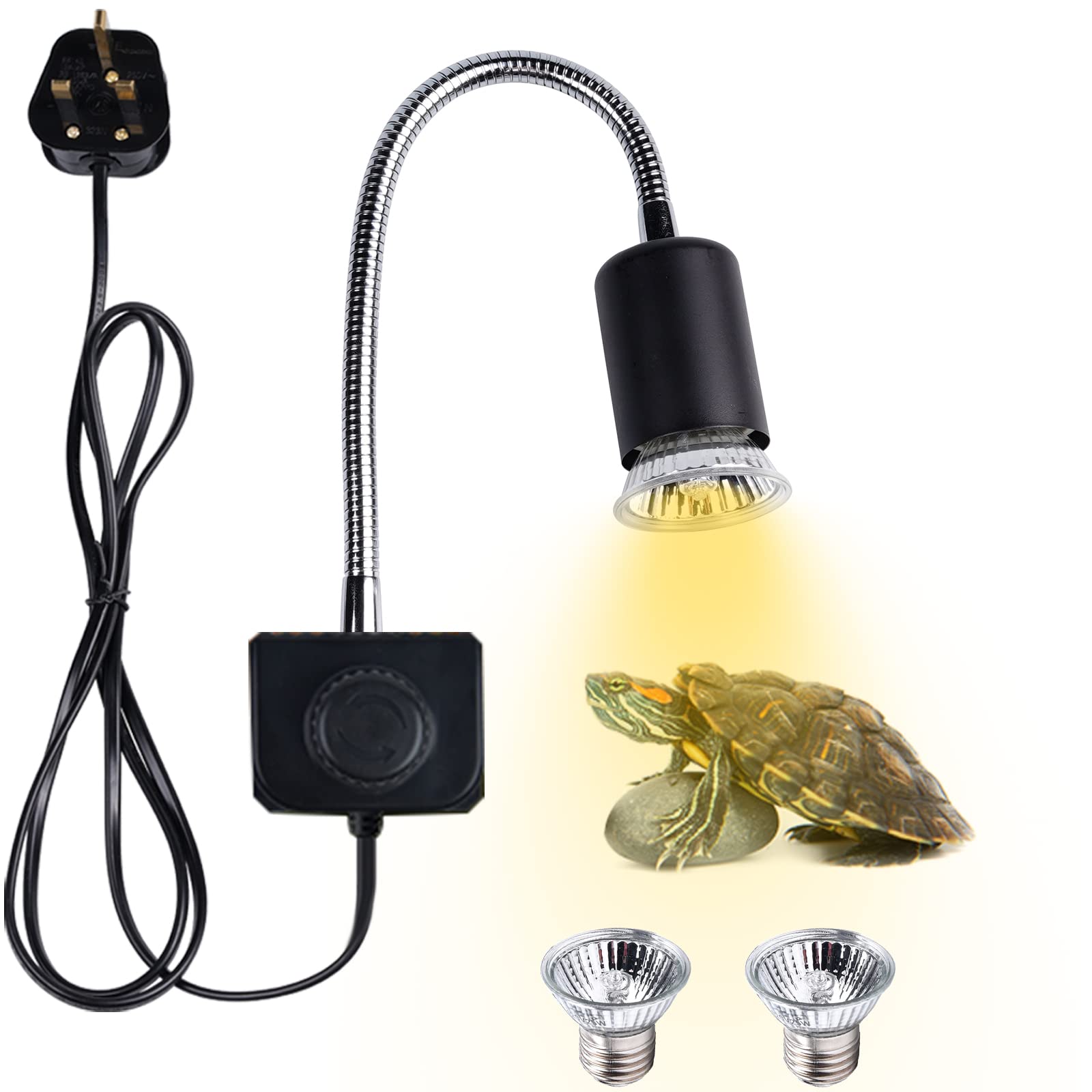 DoRight E27 Reptile Heat Lamp Holder with 2X 25W UVA UVB Heat Spotlight Bulb, E27 Lamp Base 100W MAX Tortoise Basking Lamp for Reptiles with 360° Flexible Gooseneck, Standard UK Plug