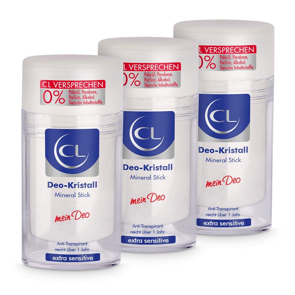 CL Deodorant Crystal Antiperspirant Against Heavy Sweating - Pack of 3 120 g Mineral Stick for Sensitive Skin - Deodorant Stick Lasts Over One Year - Anti-Perspirant Men & Women - Deodorant Men