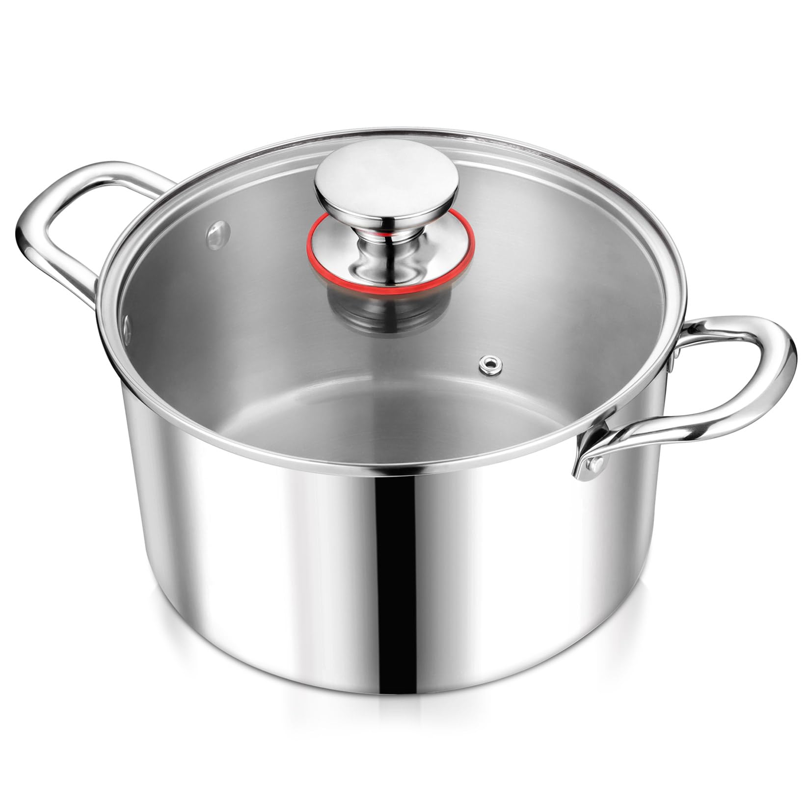 P&P CHEF 6 Quart Stock Cooking Pot, Tri-Ply Stainless Steel Stockpot with Lid for Induction Gas Electric Stoves, Transparent Cover & Double Riveted Handles, Heavy Duty & Dishwasher Safe