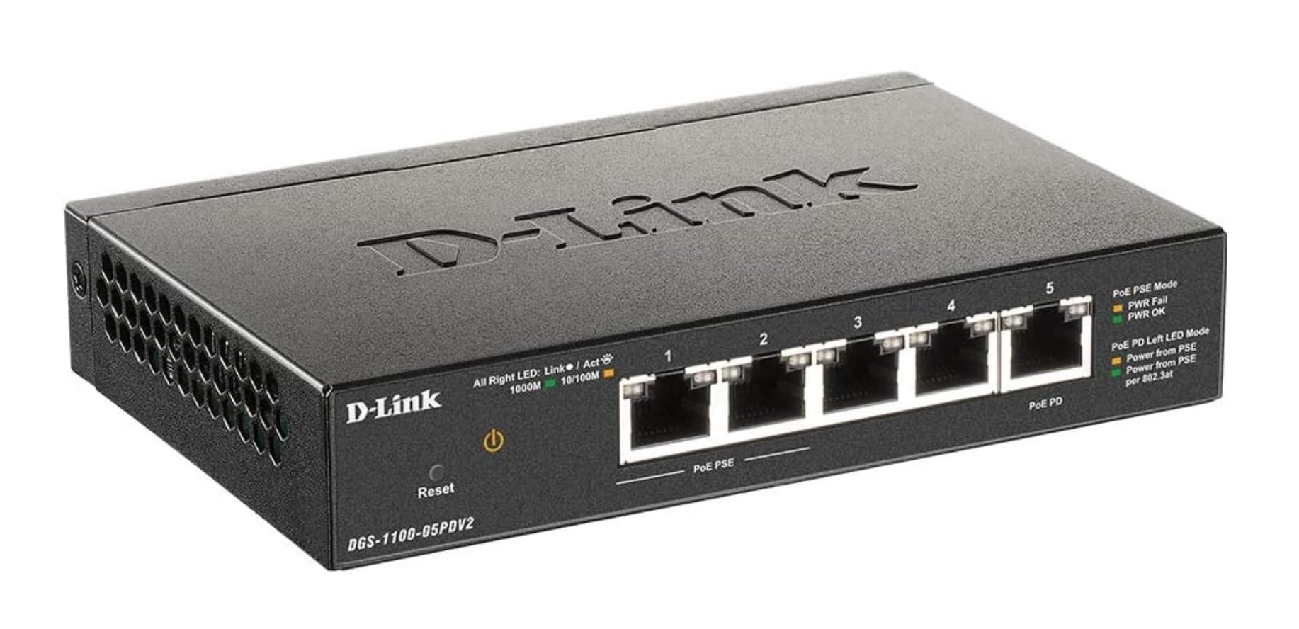 D-Link DGS-1100-05PDV2 - 5-Port Gigabit Smart Managed Switch with VLAN support, layer 2 features, QoS, 802.3az EEE, Fanless