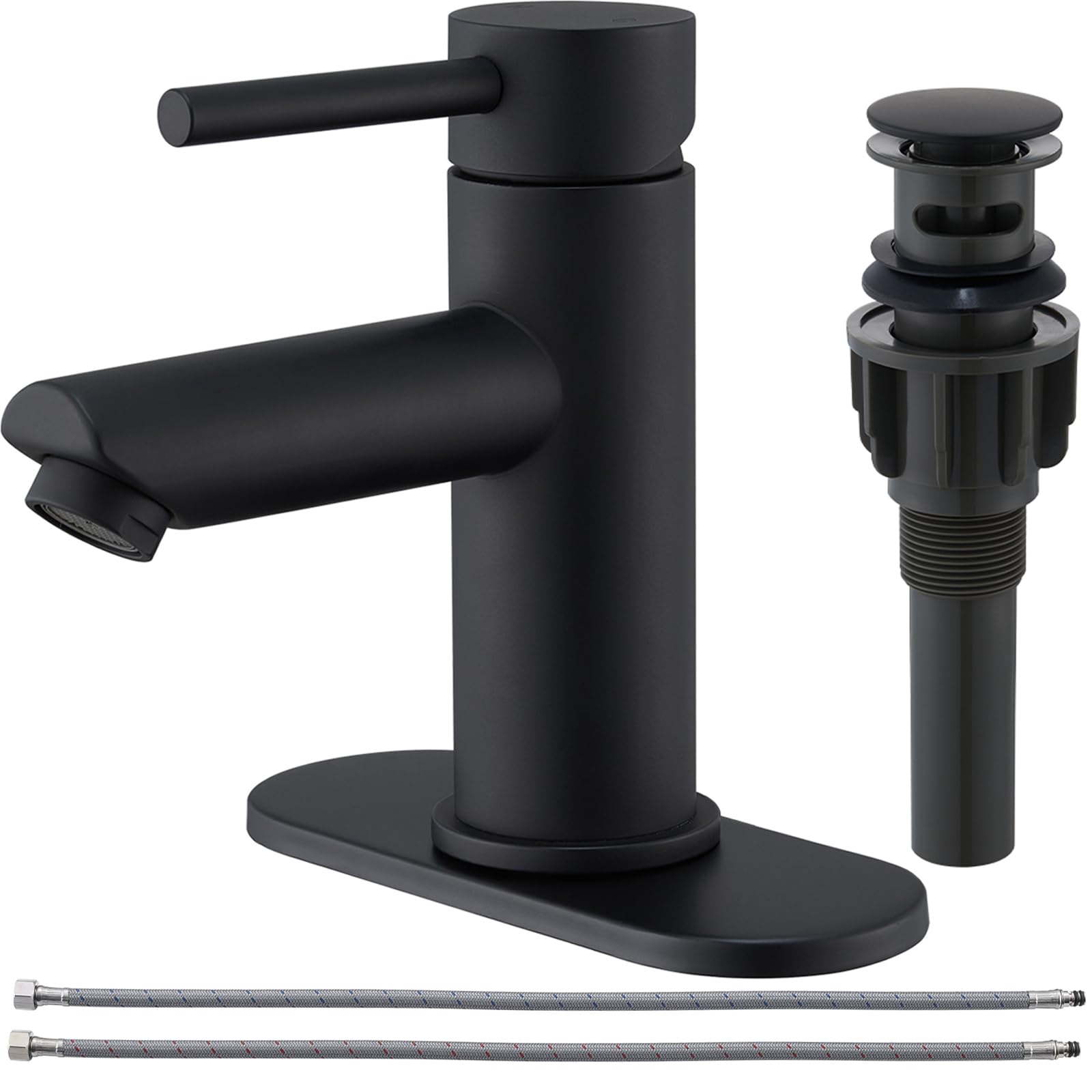 Bathroom Faucets with Pop Up Drain, Stainless Steel Single Handle Bathroom Sink Faucets with Water Faucet Supply Lines for Bathroom Farmhouse RV Vanity(Matte Black)