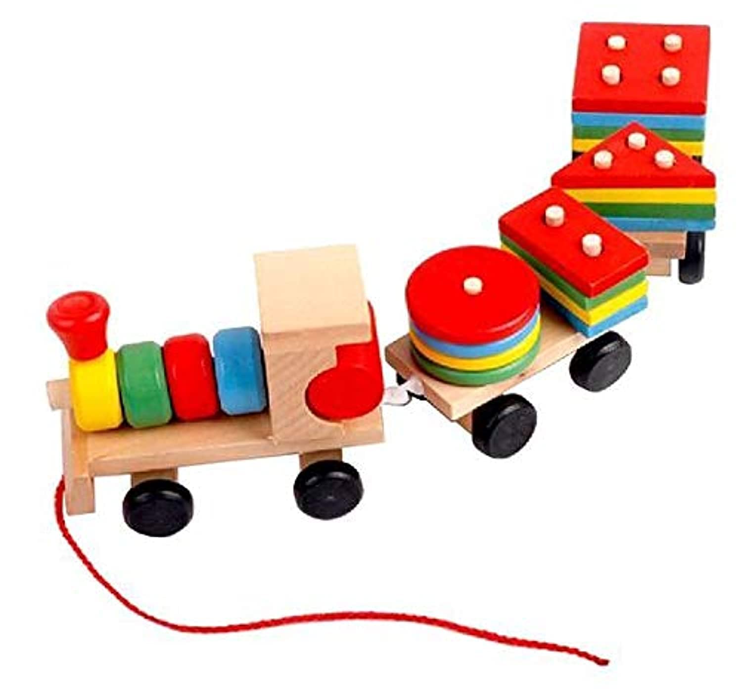 Wooden Toys Stacking Train Blocks, Pull Toy Promotes Baby Development. Educational Toys for Toddlers with 20 Wooden Shapes and 1 Train Toy