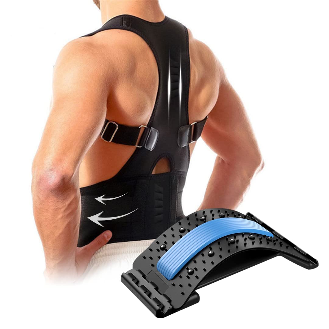 Bundled Posture Corrector + Back Stretcher - Small Posture Corrector for Men & Women - Lumbar Stretcher with Magnetic Acupressure Points - Lower and Upper Back Pain Relief Kit