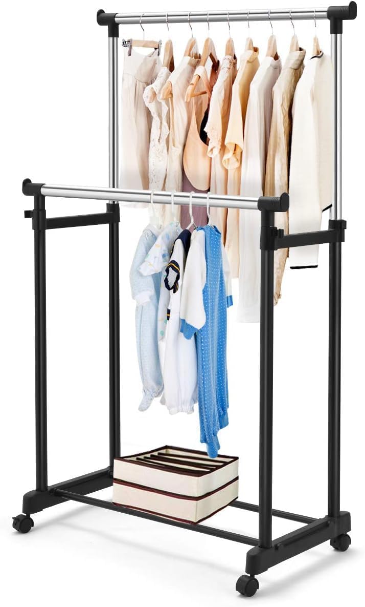 Meldique Double Pole Portable Clothing Hanging Garment Rack Laundry Drying Hanger with Wheels Steel Pole Telescopic Clothes Fordable Single and Stand for Indoor Outdoor (Pack of 1)