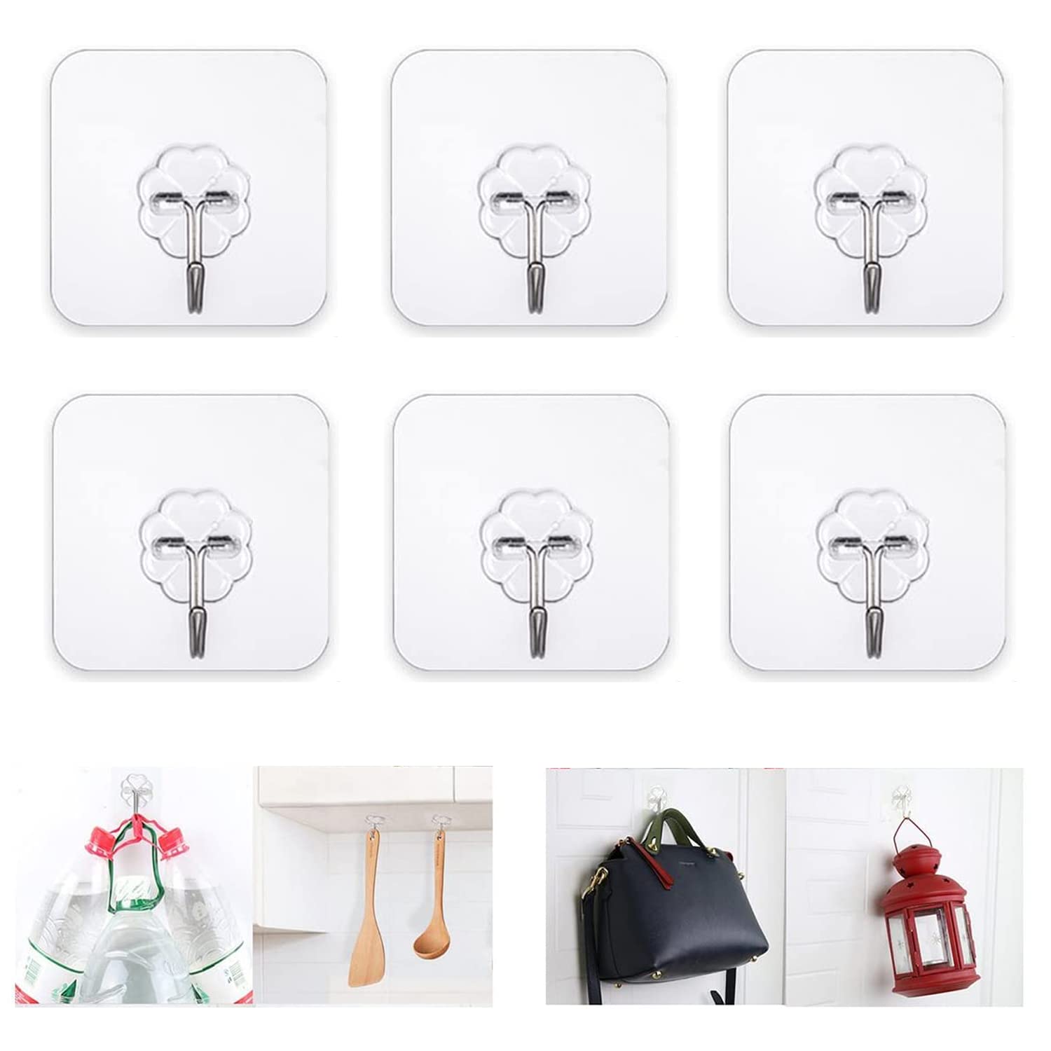 Soondar Adhesive Hooks Seamless Transparent Sticky Hooks 22lbs/10kg (Max) 6 Pcs/Lot - Super Heavy Load-bearing for Bathroom Kitchen Wall and Ceiling