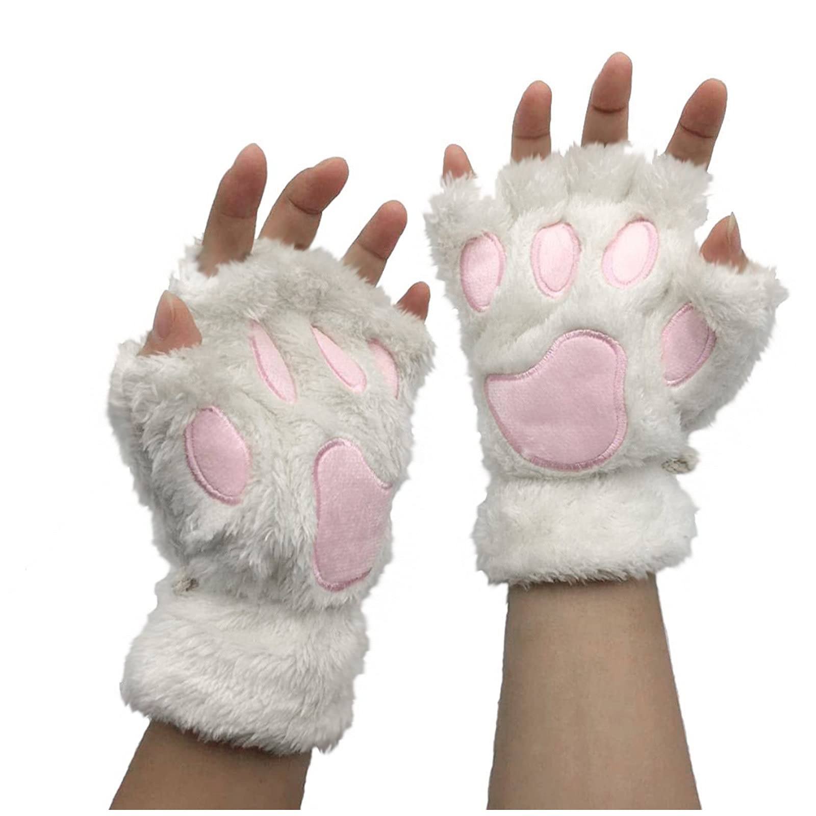 Topgrowth Women's Kawaii Gloves Plush Synthetic Fur Cosplay Cat Paw Fingerless Gloves Girls Fabric Half Finger Gloves