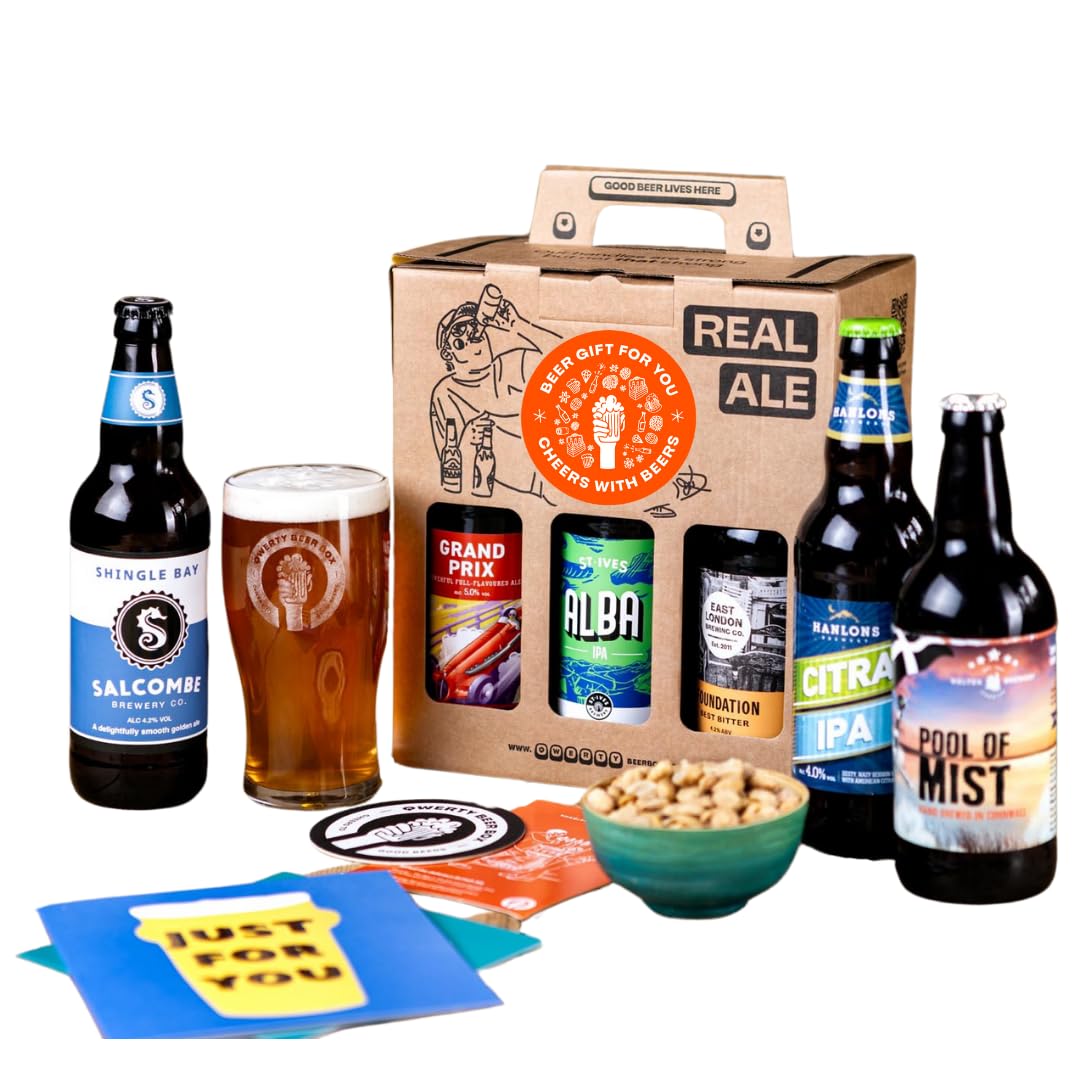 Premium British Real Ale Beer Gift Hamper - 6x500ml Independent Traditional Ales with Snack & Craft Beer Tasting Guide by QWERTY Beer Box - Beer Gift for Him, Dad Gifts & Beer Gift Set For Men