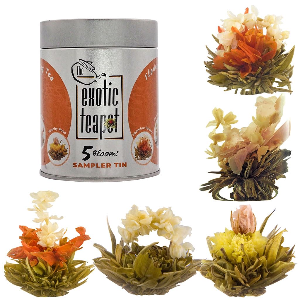 The Exotic Teapot – Flowering Tea Sampler Tin, 5 Varieties Blooming Tea, Jasmine Tea Flowers