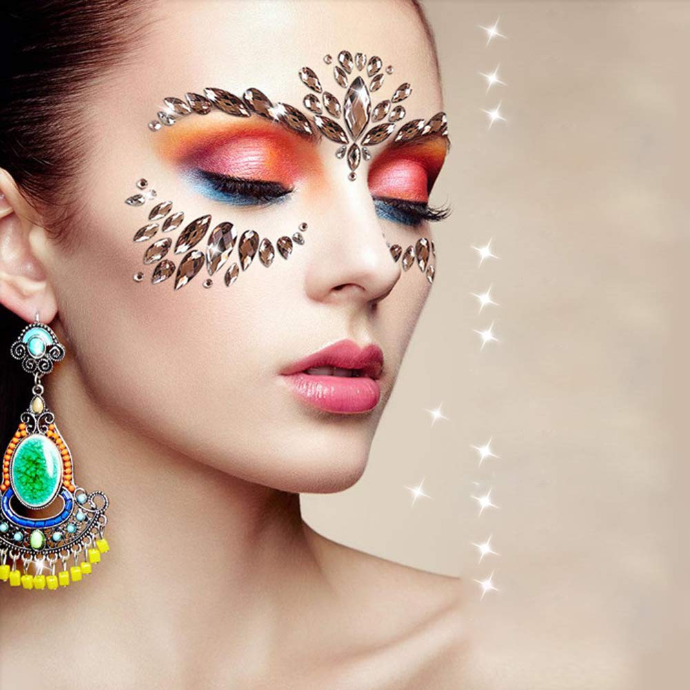 Leoars Rhinestone Face Gems Jewels, Festival Face Jewels Tattoo Stickers, Rave Crystals Face Gems Stick on, Body Gem Stones Bindi Temporary Face Tattoos for Festive Rave, 4-Pack, Light-Coffee