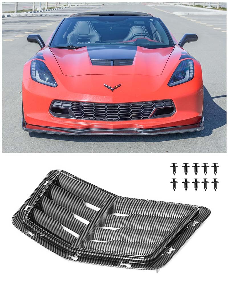 Replacement For 2014-2019 Corvette C7 Z51 Stingray Grand Sport Models | GM Factory Z06 Style Front Hood Vent Louver Trim Cover (ABS Plastic - Hydro-Dipped Carbon Fiber)