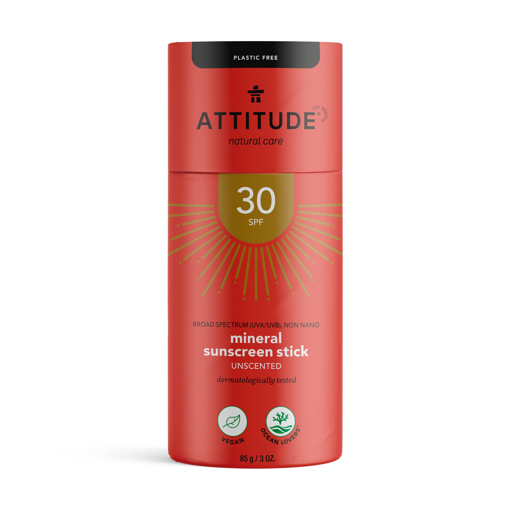 ATTITUDEBody Sunscreen Stick SPF 30, Broad Spectrum UVA and UVB, Plastic-Free Waterless, Plant and Mineral-Based Ingredients, Vegan Sun Care Products, Unscented, 85 grams