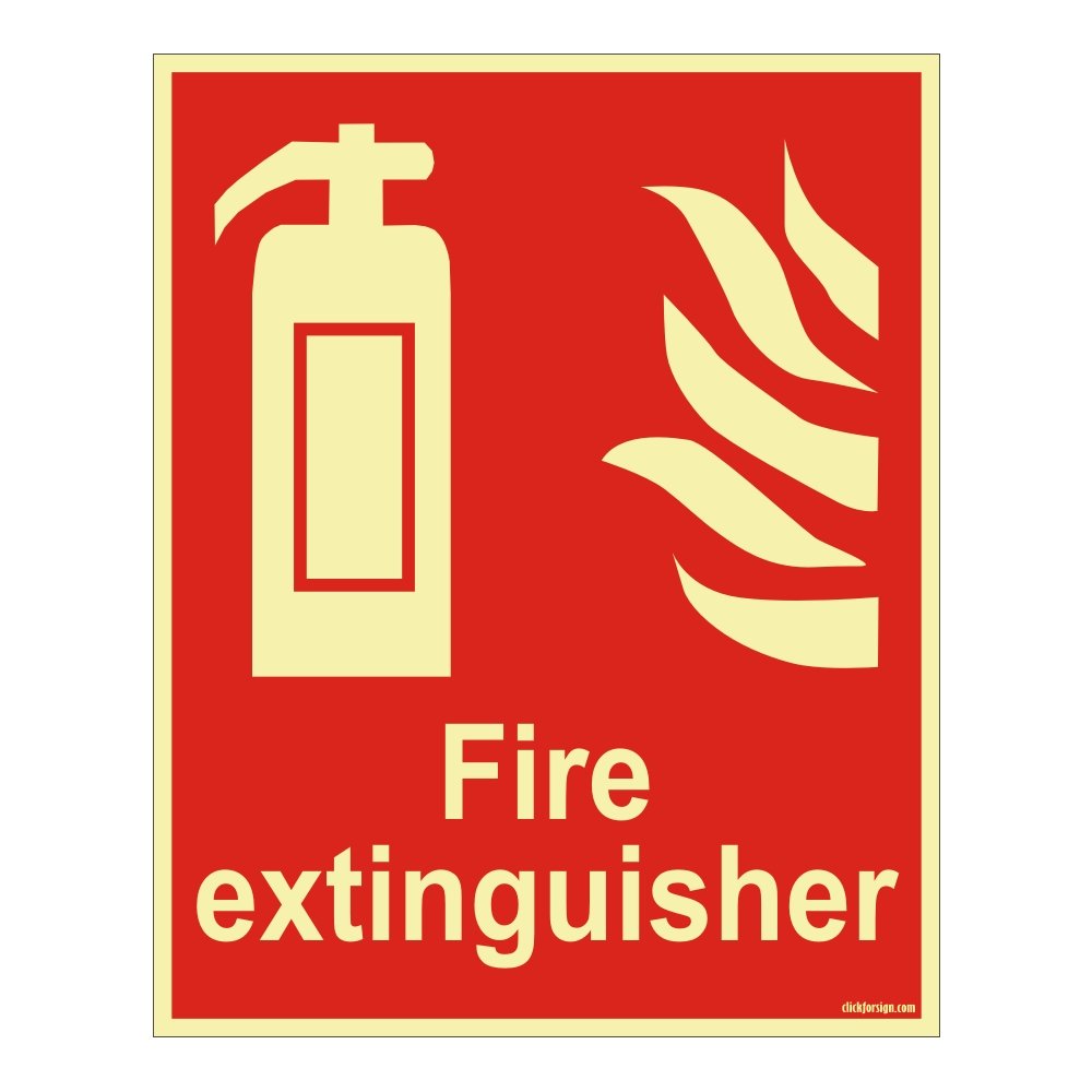 Clickforsign CLFES-VINYL1-8 Glow In the Dark Fire Extinguisher Fire Equipment Self Adhesive Vinyl Sticker Sign for Walls and Doors (200 x 150 mm)