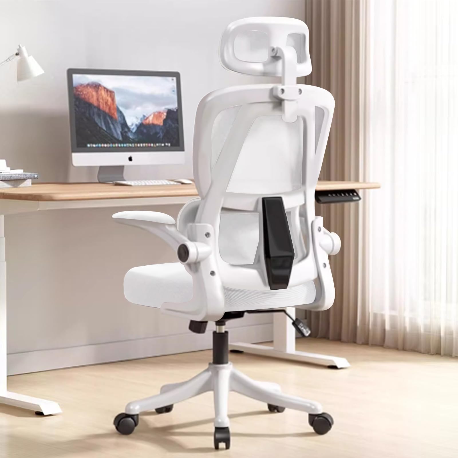 Ergonomic Office Chair Comfort Home Desk Chair Adjustable High Back Mesh Chair Lumbar Support Computer Chair with Flip-up Arms for Work, Study, Gaming,White Mesdh Chair