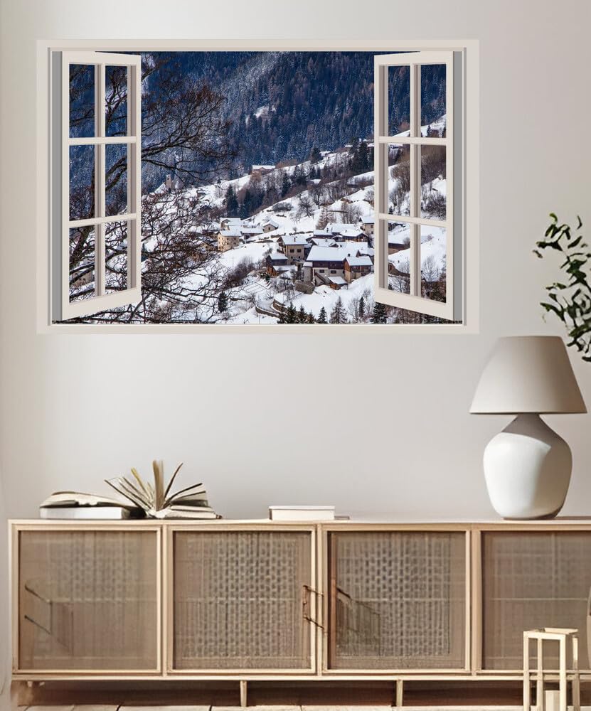 JVERF - JZZA07061 Italy Houses Winter Forests Alta Badia Alps Snow| Self-Adhesive Open Window Wall Sticker