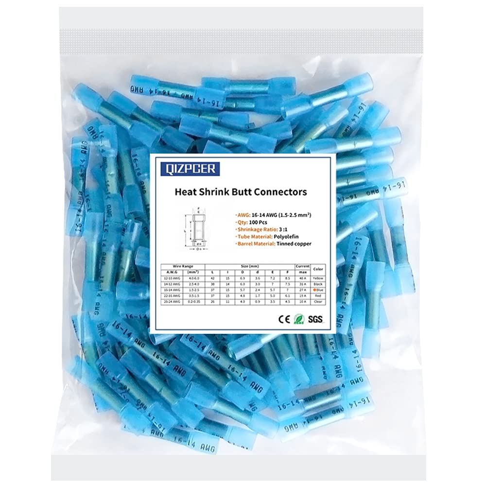 Heat Shrink Butt Connectors, 16-14 AWG 100Pcs Blue Waterproof Electrical Crimp Wire Splice for Marine, Cable, Wiring