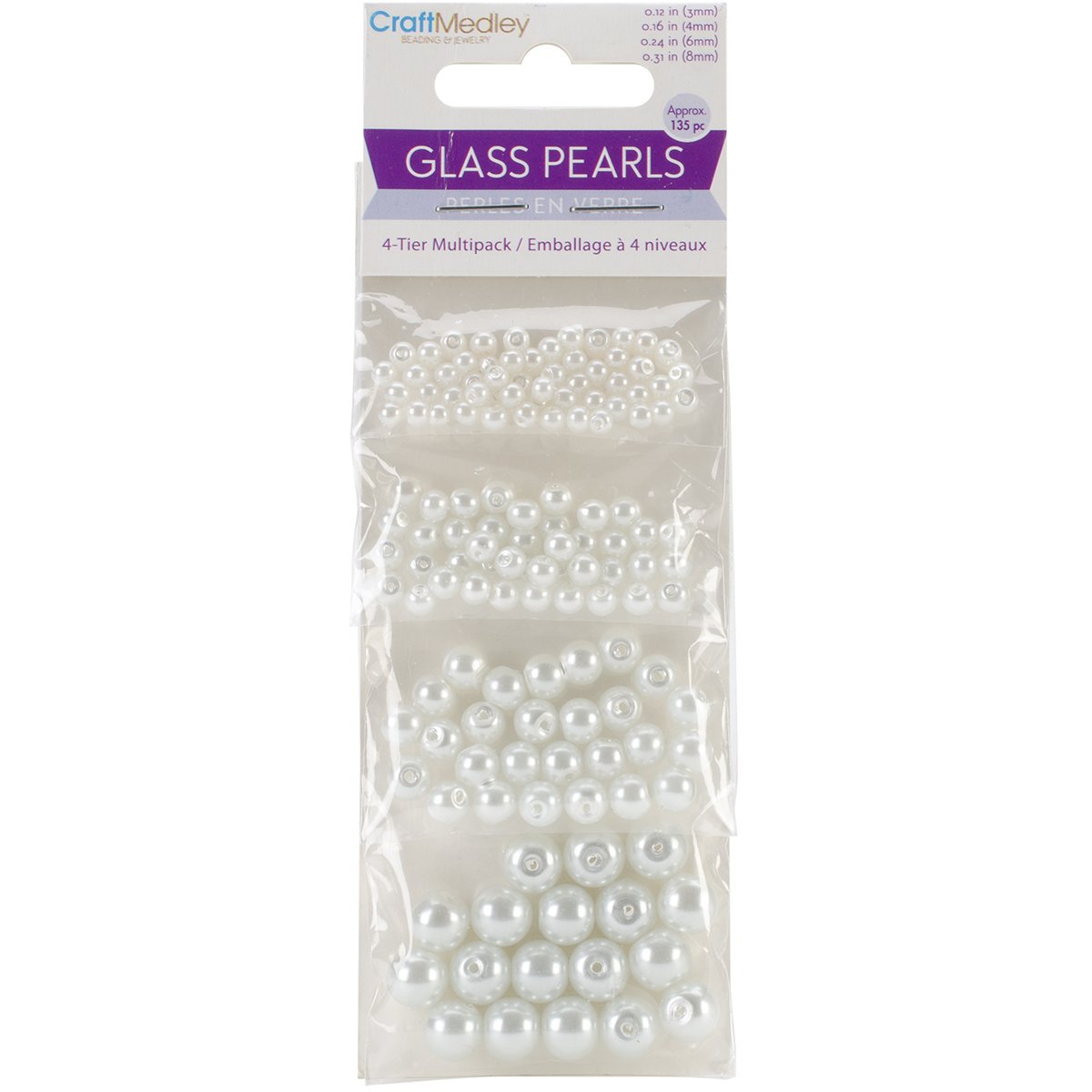 Multicraft Imports Glass Fired Pearl Beads, 3/4/6/8mm, Pearl White, Assorted