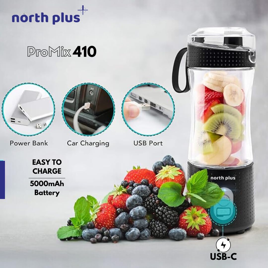 NorthPlus ProMix 410 Portable Rechargeable Blender - 540W Powerful Motor, 6 Stainless Steel Blades, 380ML BPA-Free Container, Long-Lasting 4000mAh Battery