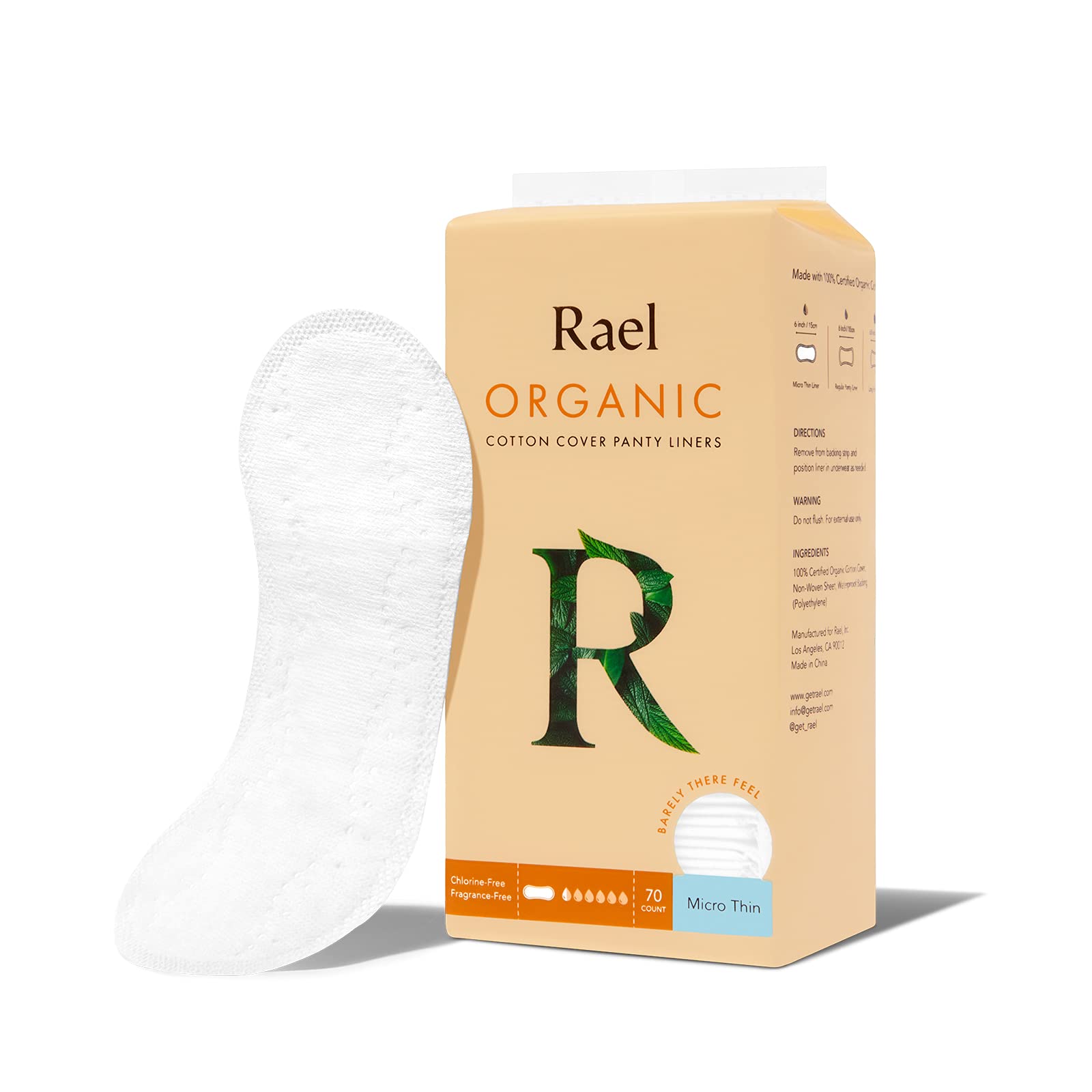 Rael, Organic Cotton Cover Panty Liners, Micro Thin, 70 Count