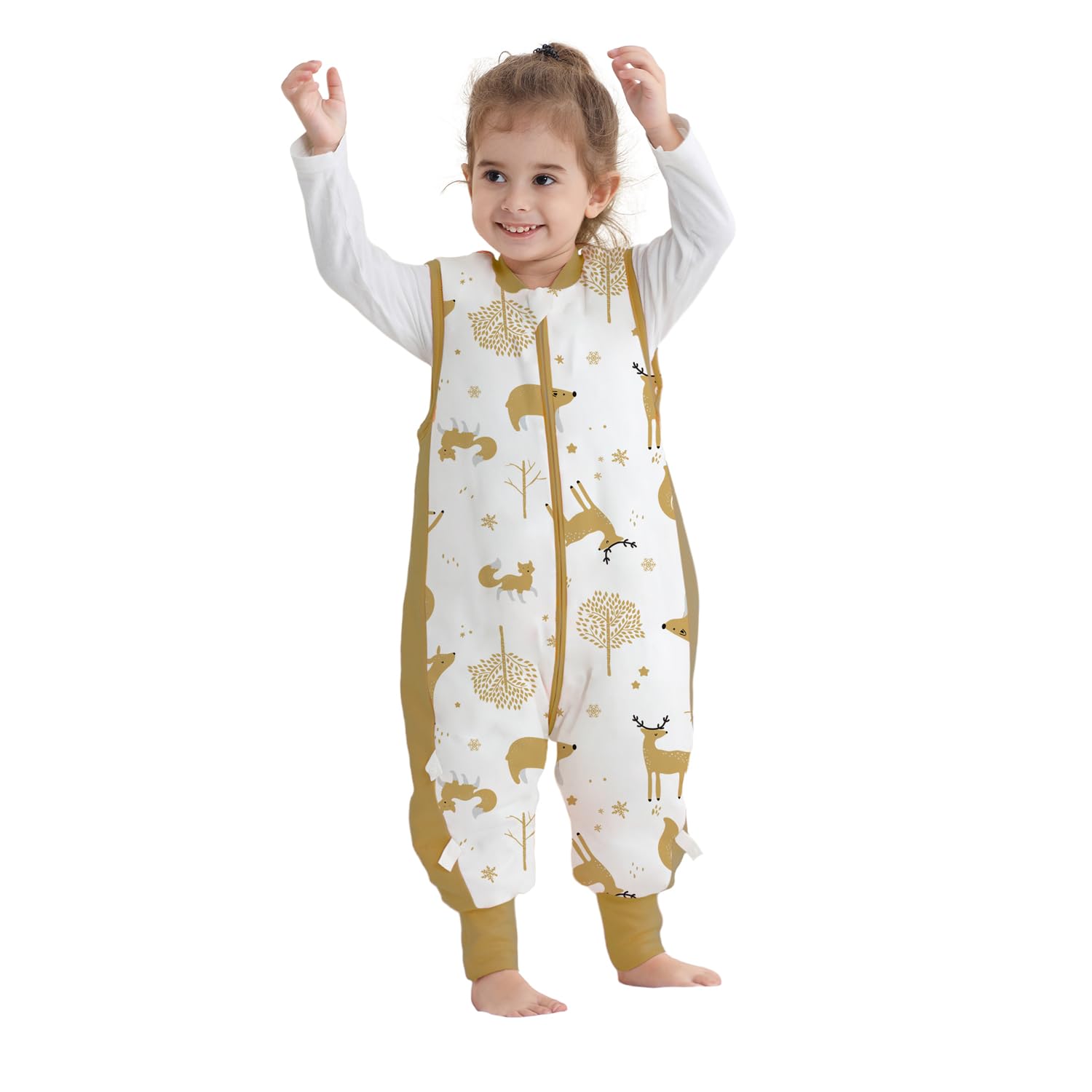 Baby Sleeping Bag with Legs, Unisex 100% Cotton Wearable Blanket 2.5 TOG Winter Baby Sleep Sack with Feet Sleeveless Toddler Sleeping Sack 3-4 Years (Mustard Animal XL)