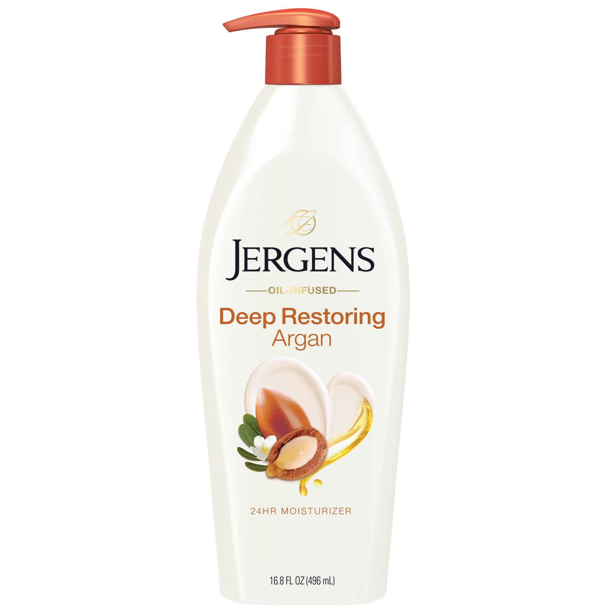 Jergens Deep Restoring Argan Oil Moisturizer, Soothing Body and Hand Lotion, 16.8 oz, with Reviving Argan Oil and Vitamin E, Oil-Infused, Dermatologist Tested