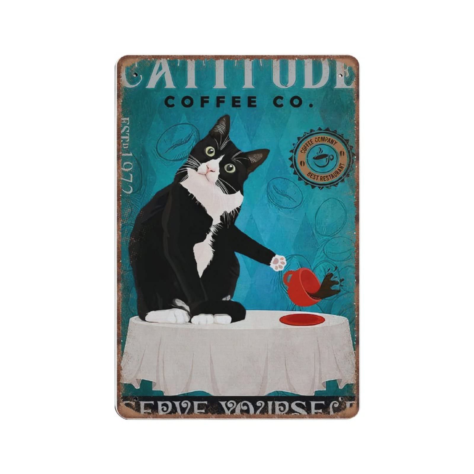 DAIERCY Funny Vintage Sign Tuxedo Cat Catitude Coffee Co.Cat Metal Tin Signs for Kitchen Garden Garage Bathroom Wall Decor 140X200 mm