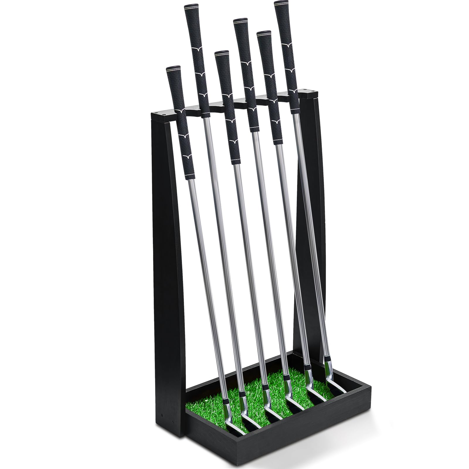 LenwenWooden Golf Putter Stand Indoor Display Rack Golf Club Rack Golf Club Holder Natural Wood Golf Club Stand for Storage Sports Outdoors Wall Garage (Black,Holds 6 Clubs)