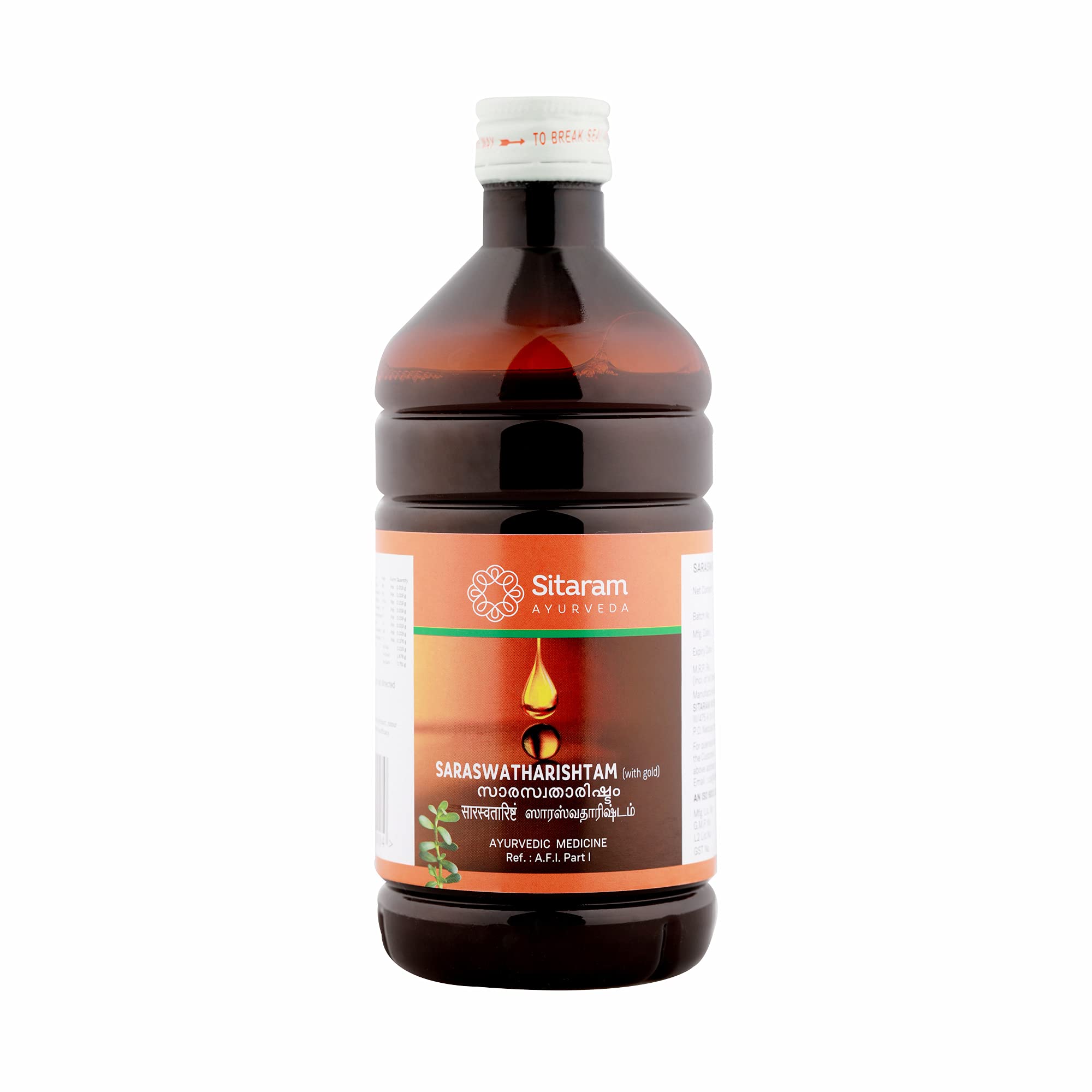 Sitaram Ayurveda Saraswatharishtam With Gold 450 ml | Kerala Ayurvedic Saraswatarishta Gold To Supplement Learning And For Wellbeing