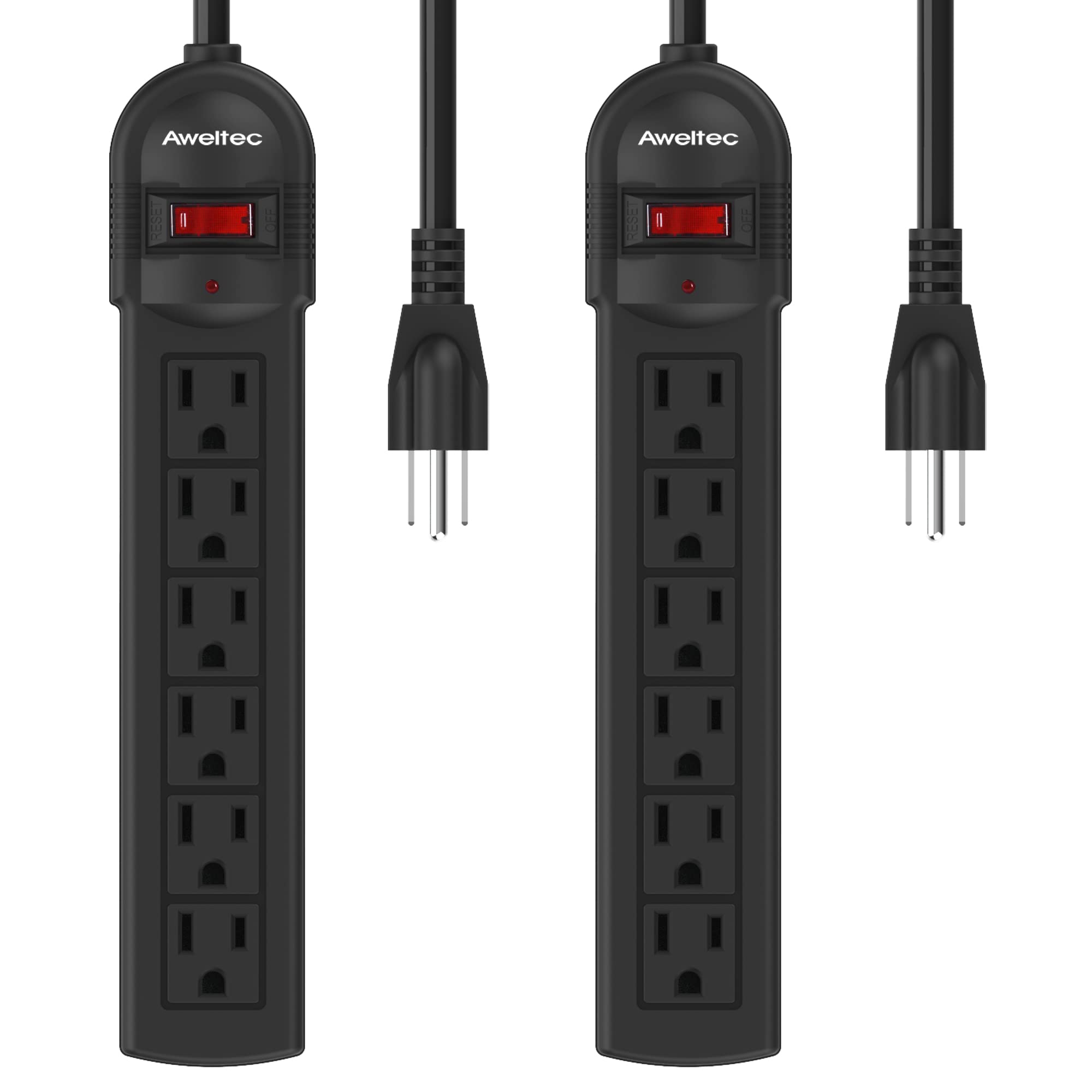 AWELTEC 6-Outlet Surge Protector Power Strip 2-Pack - ETL, 900 Joules, 5-Foot Extension Cord (1875W/15A), Overload Protection, Black