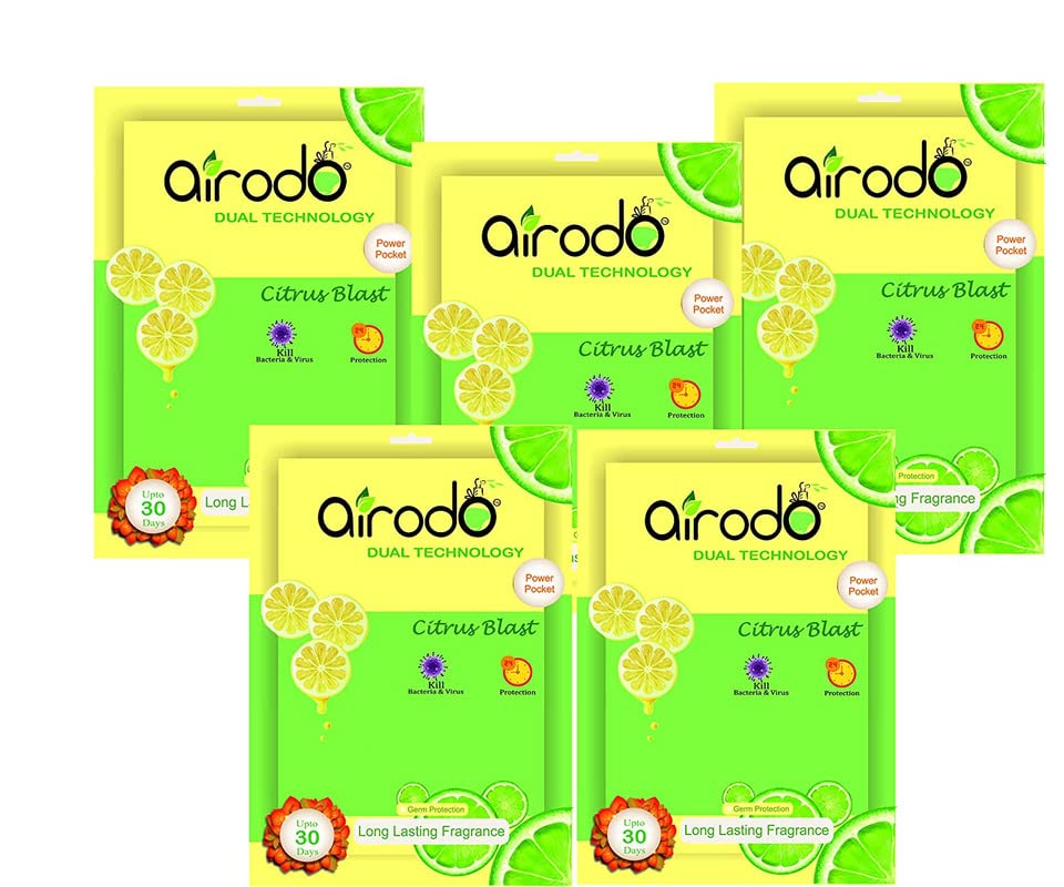 Airodo Air Freshener Citrus Blast Pocket Gel | Long Lasting Premium Luxury Fragrance Booster | Automatic Freshener Skin Friendly Lemon Scents Suitable for Home/Office/Bathrom (Pack of 5, 50gm)