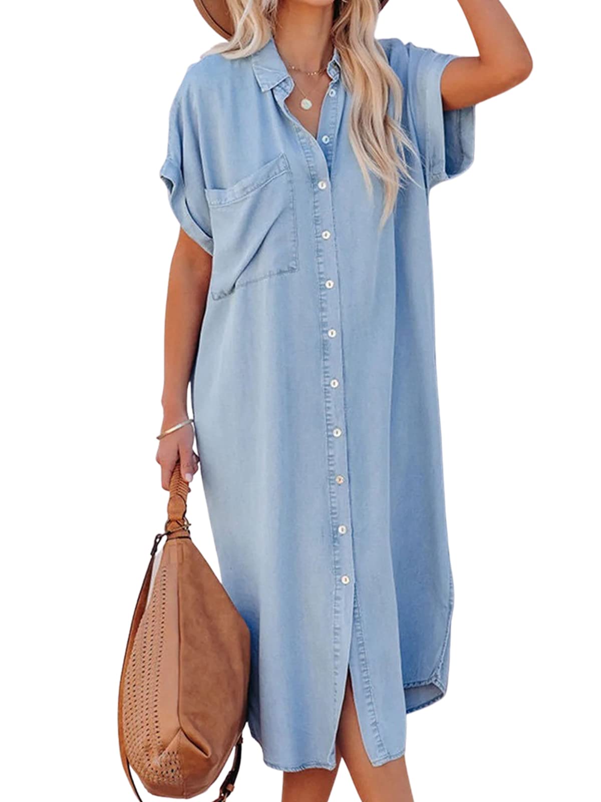 Dress for Women Bell Sleeve Button Down Dress Short Sleeve V Neck Casual Shirt Dresses